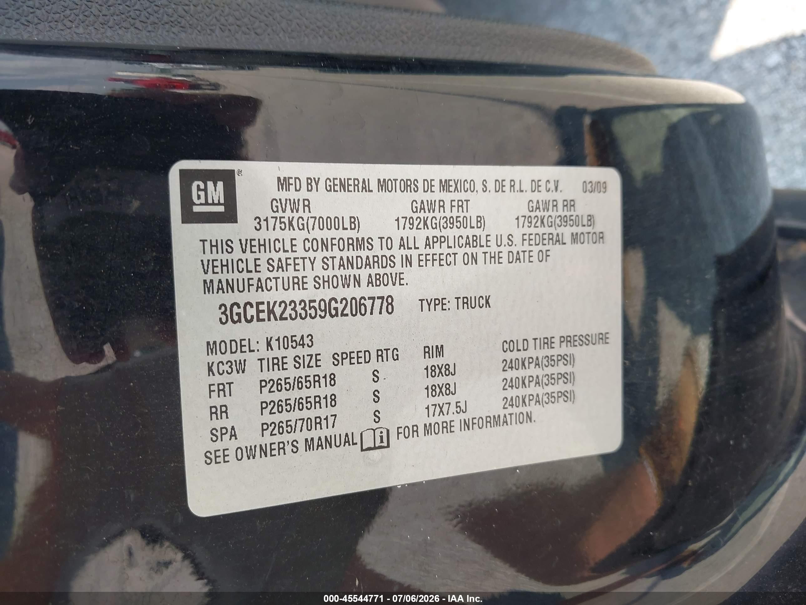 2009 Chevrolet Silverado 1500 Lt Black vin: 3GCEK23359G206778