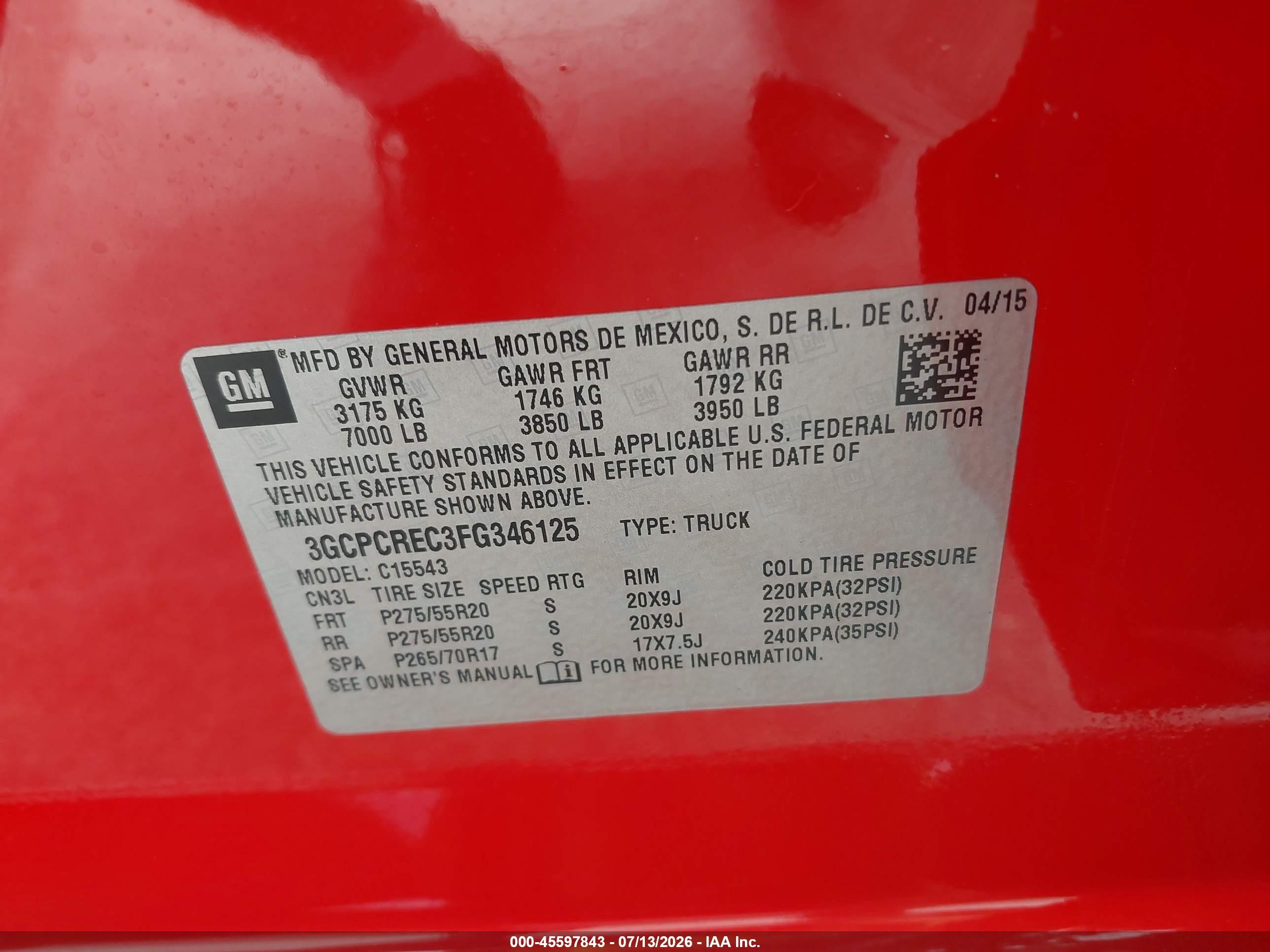 2015 Chevrolet Silverado 1500 Lt Red vin: 3GCPCREC3FG346125