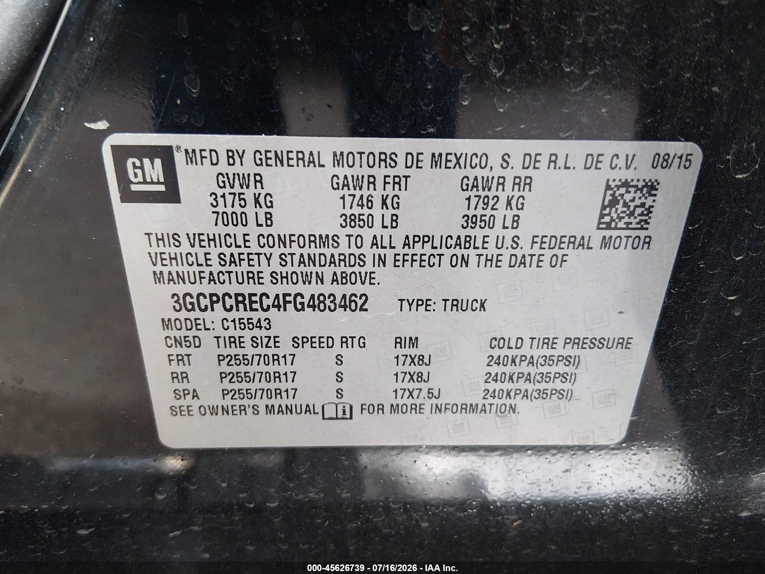 2015 Chevrolet Silverado 1500 Lt Black vin: 3GCPCREC4FG483462