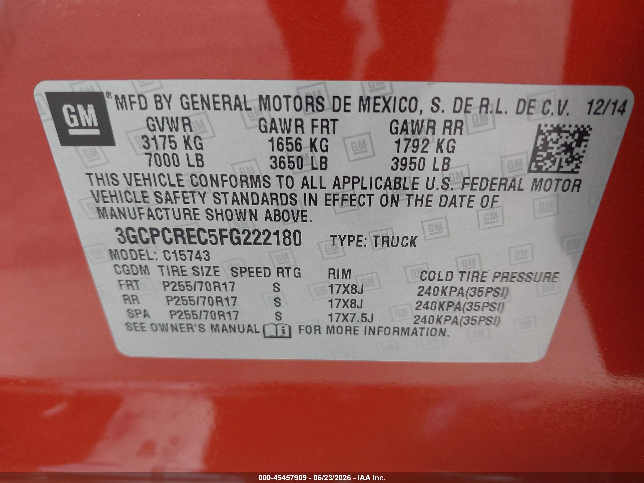 2015 Chevrolet Silverado 1500 Lt Orange vin: 3GCPCREC5FG222180