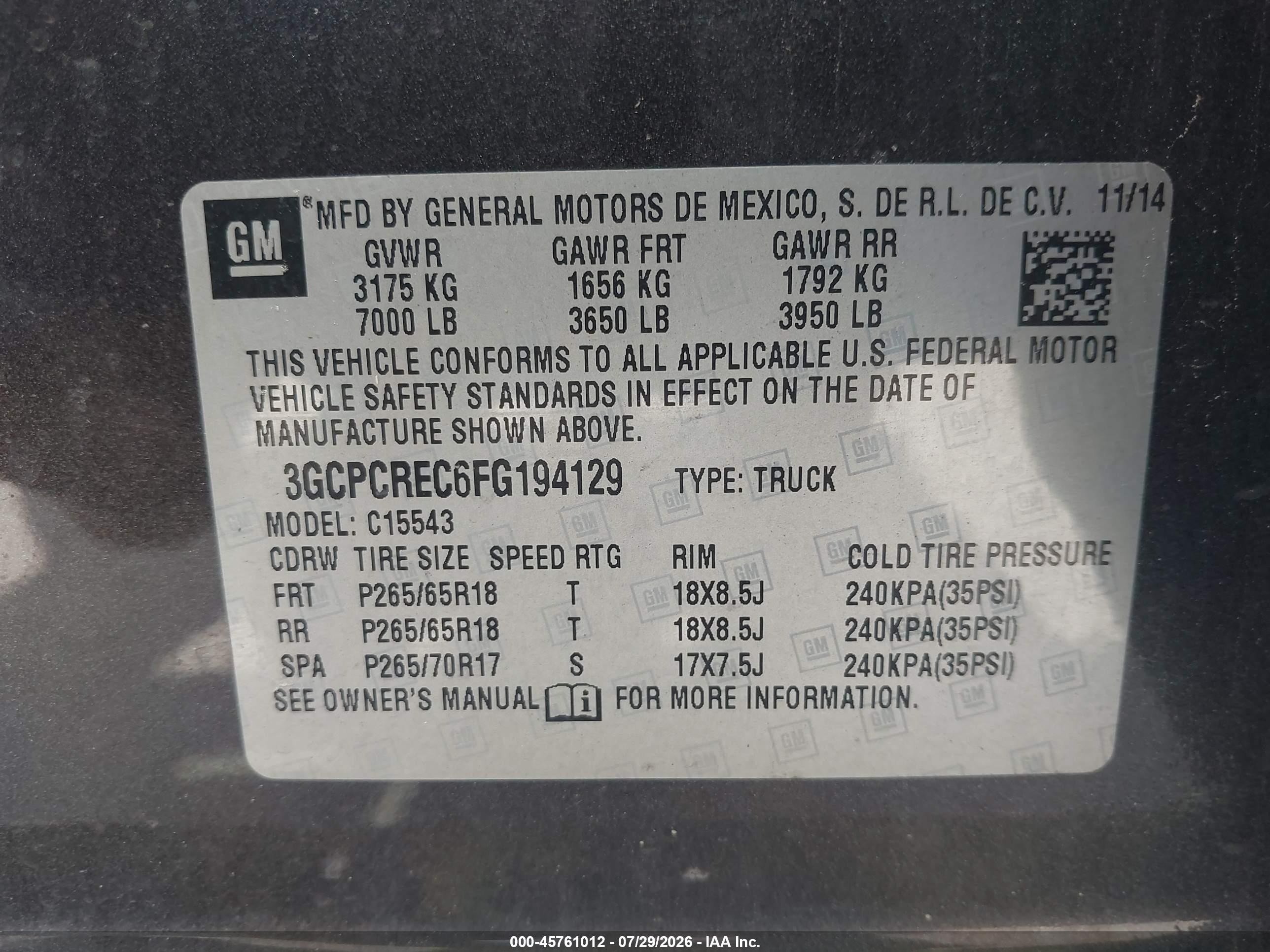 2015 Chevrolet Silverado 1500 Lt Gray vin: 3GCPCREC6FG194129