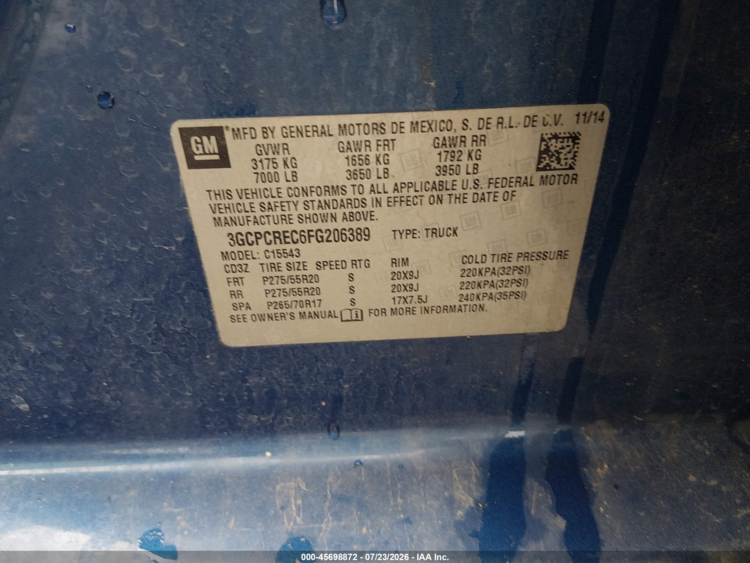 2015 Chevrolet Silverado 1500 Lt Blue vin: 3GCPCREC6FG206389