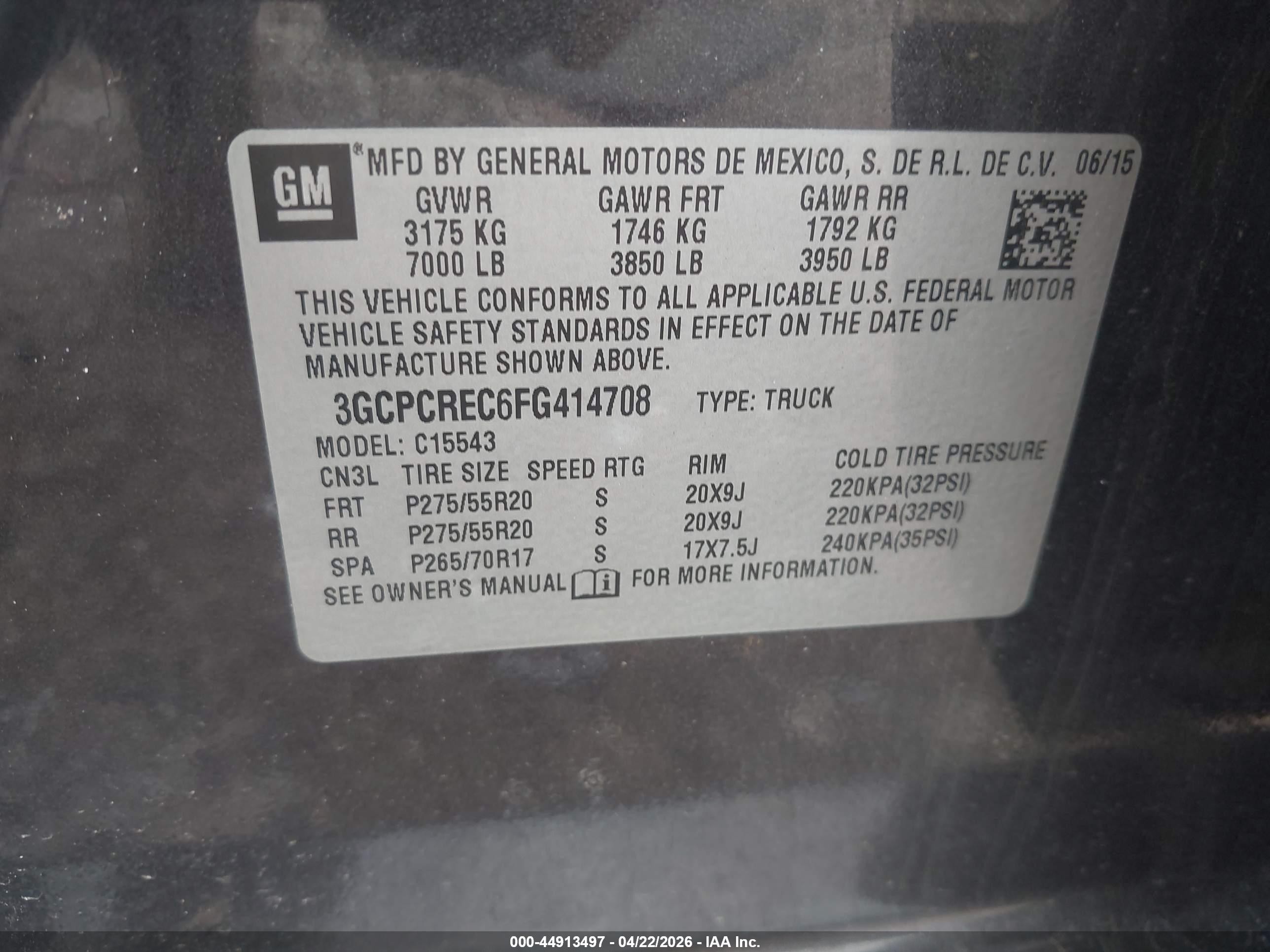 2015 Chevrolet Silverado 1500 1lt Gray vin: 3GCPCREC6FG414708