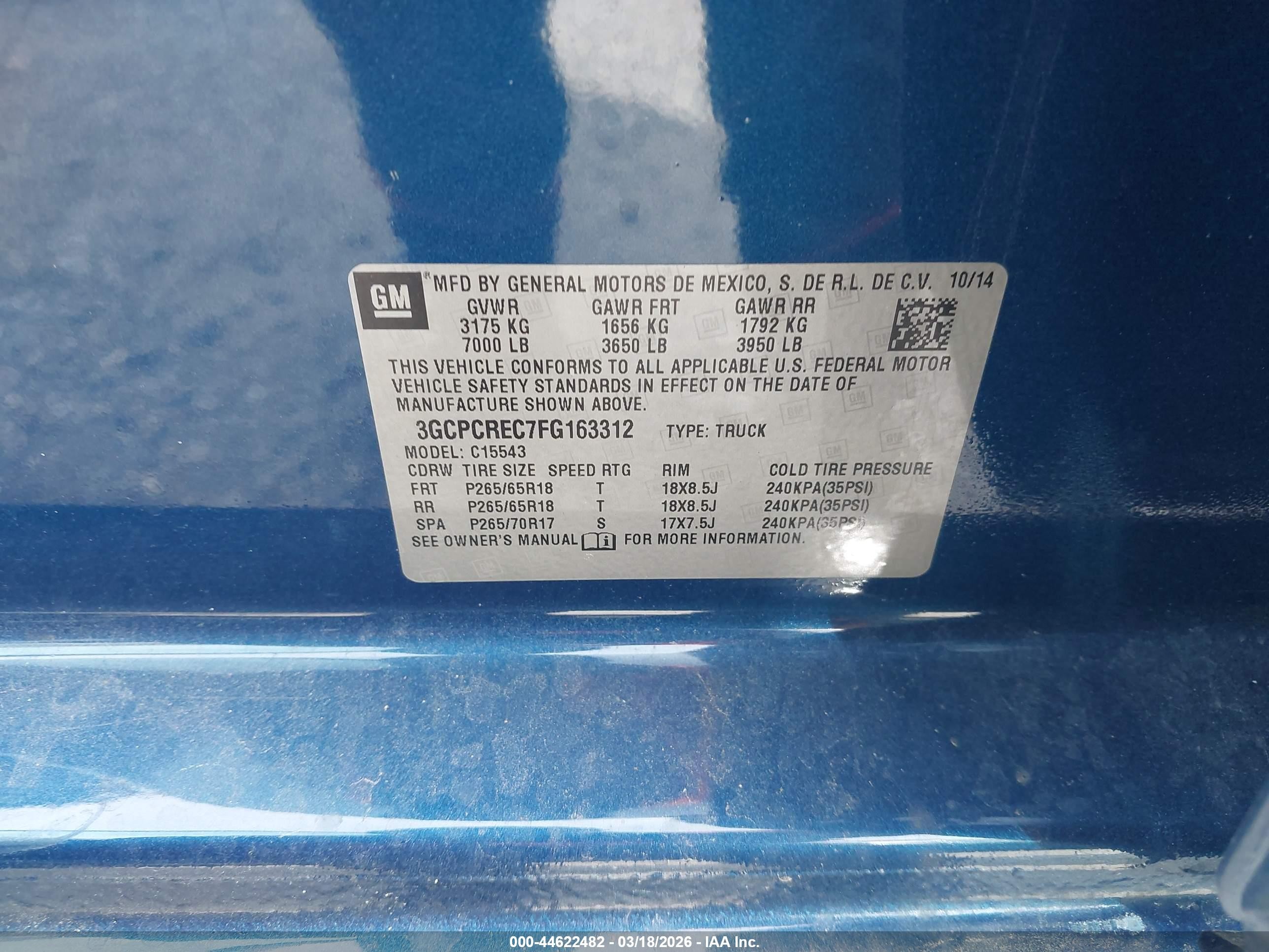 2015 Chevrolet Silverado 1500 1lt Blue vin: 3GCPCREC7FG163312