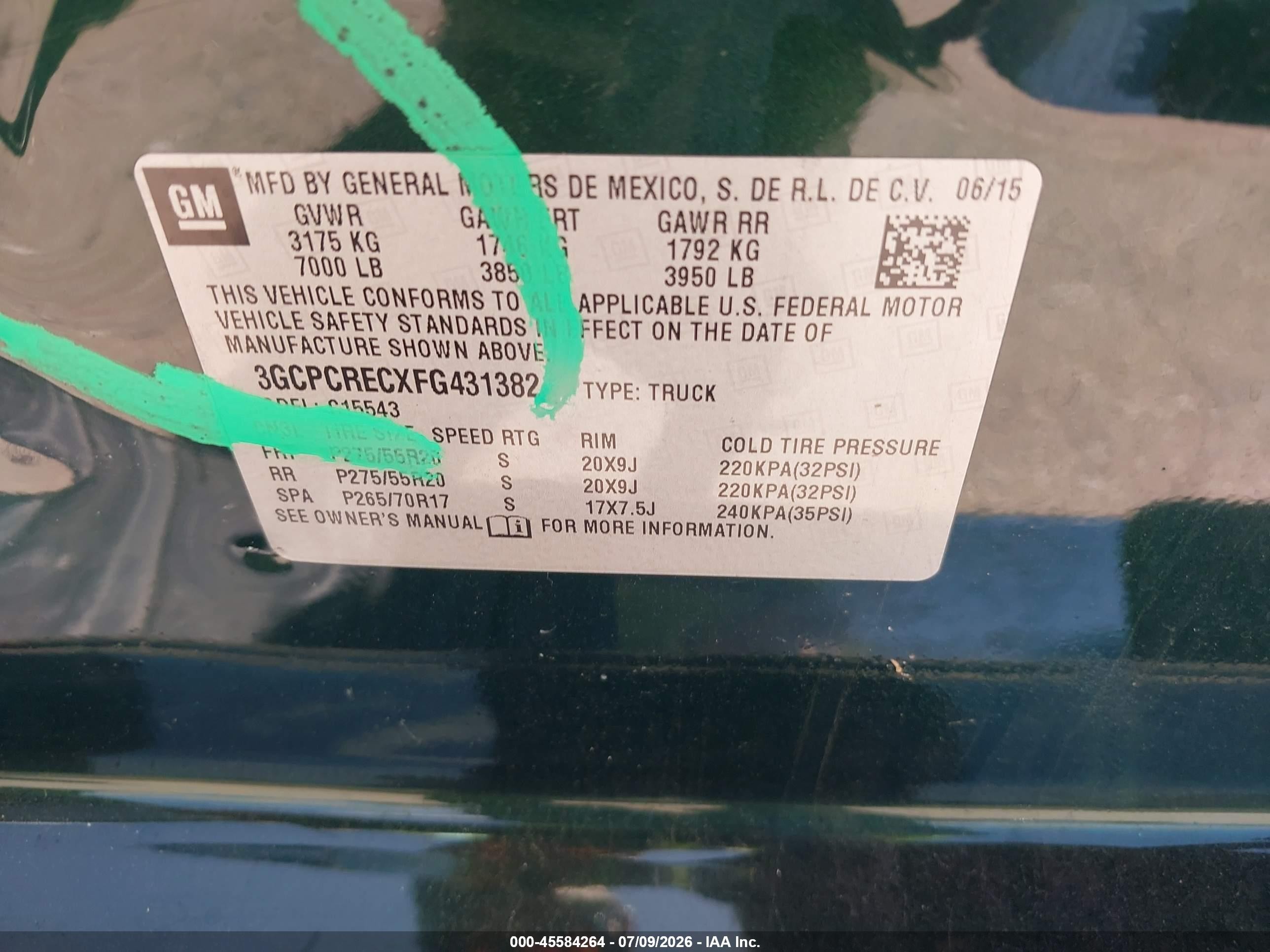 2015 Chevrolet Silverado 1500 1lt Green vin: 3GCPCRECXFG431382
