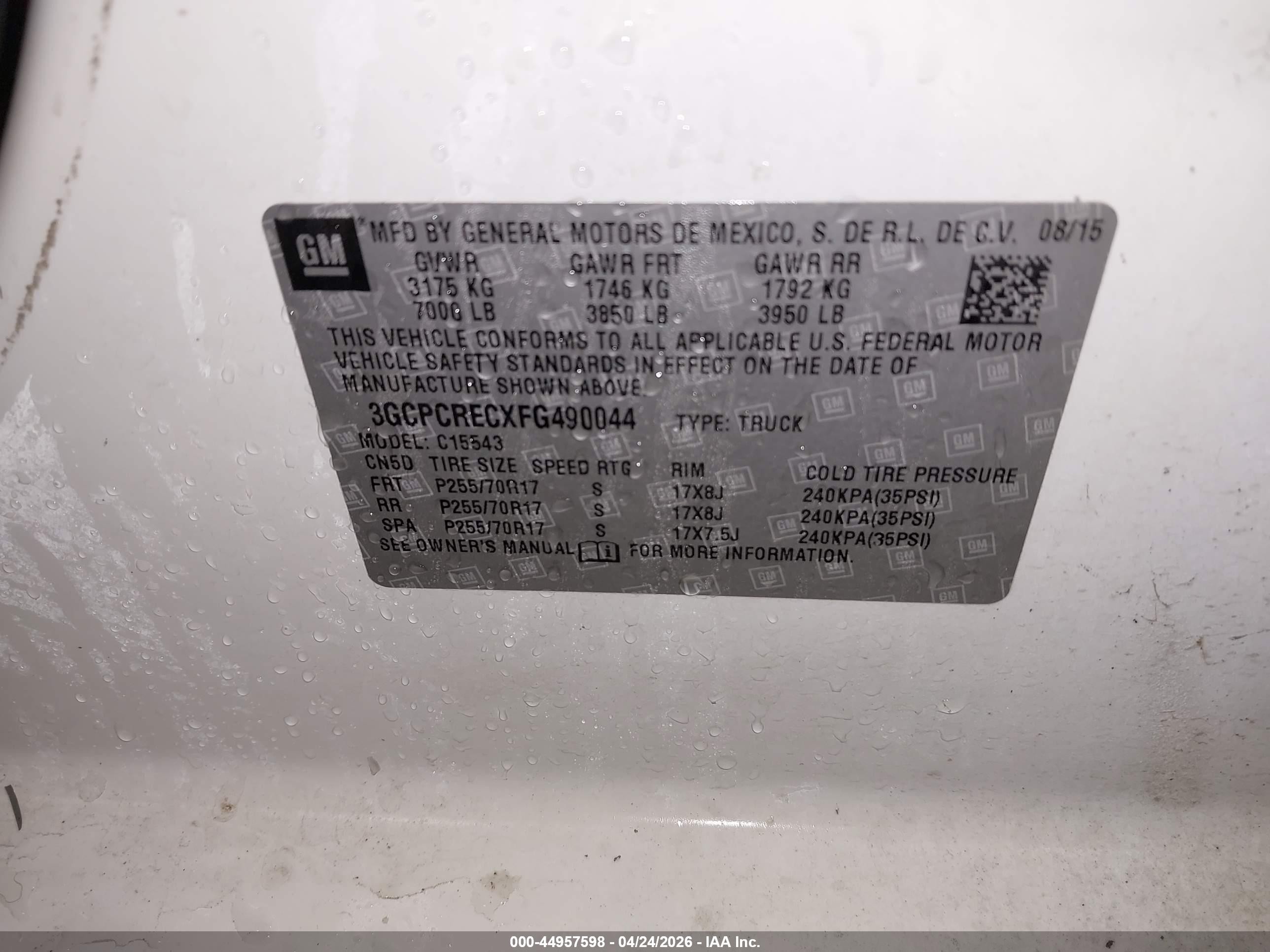 2015 Chevrolet Silverado 1500 1lt White vin: 3GCPCRECXFG490044