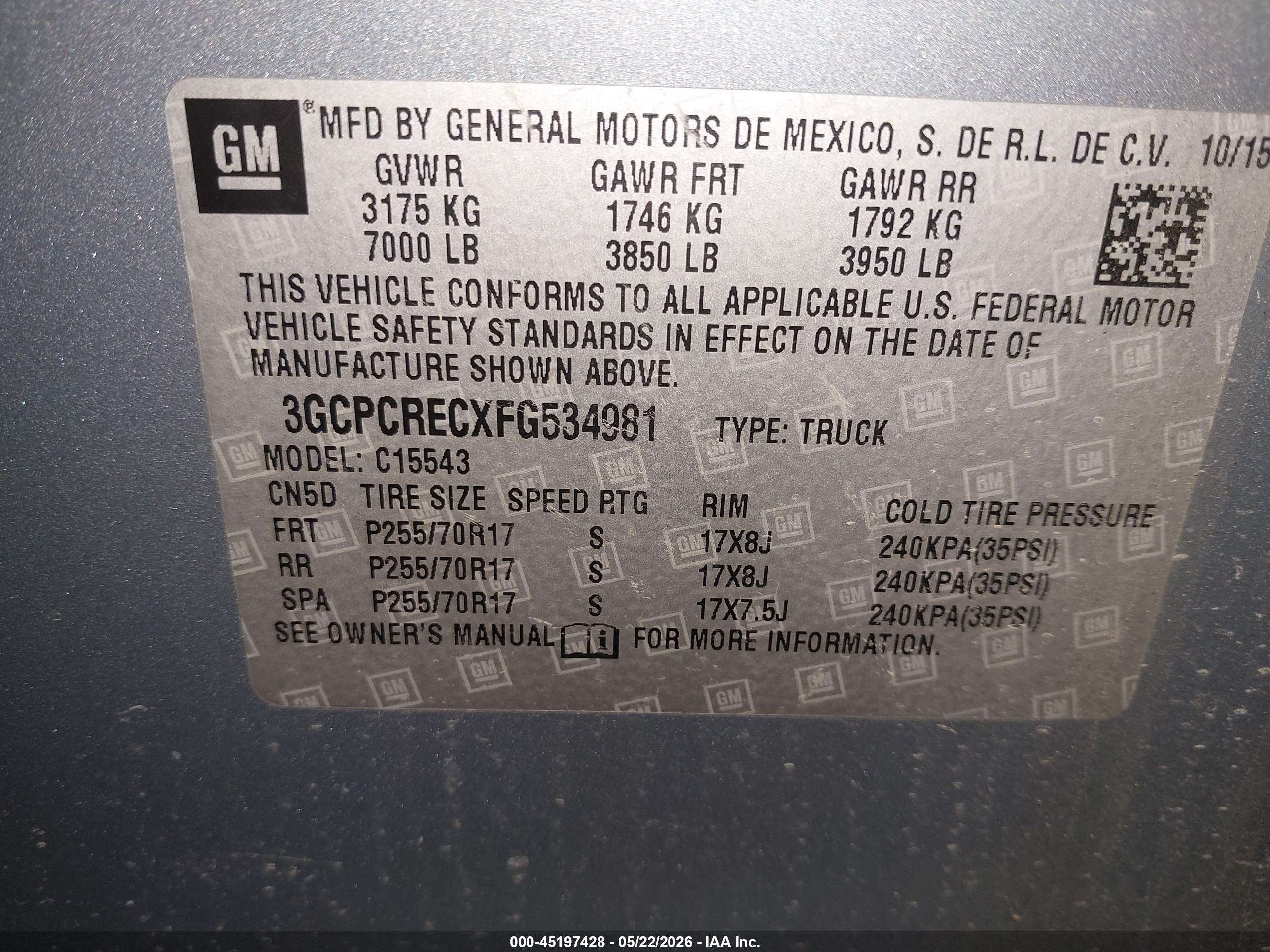 2015 Chevrolet Silverado 1500 1lt Серый vin: 3GCPCRECXFG534981