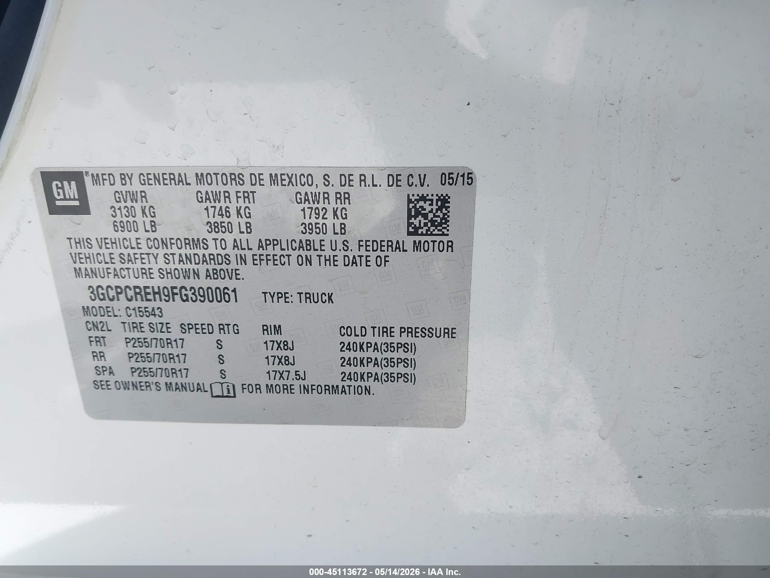 2015 Chevrolet Silverado 1500 1lt Белый vin: 3GCPCREH9FG390061