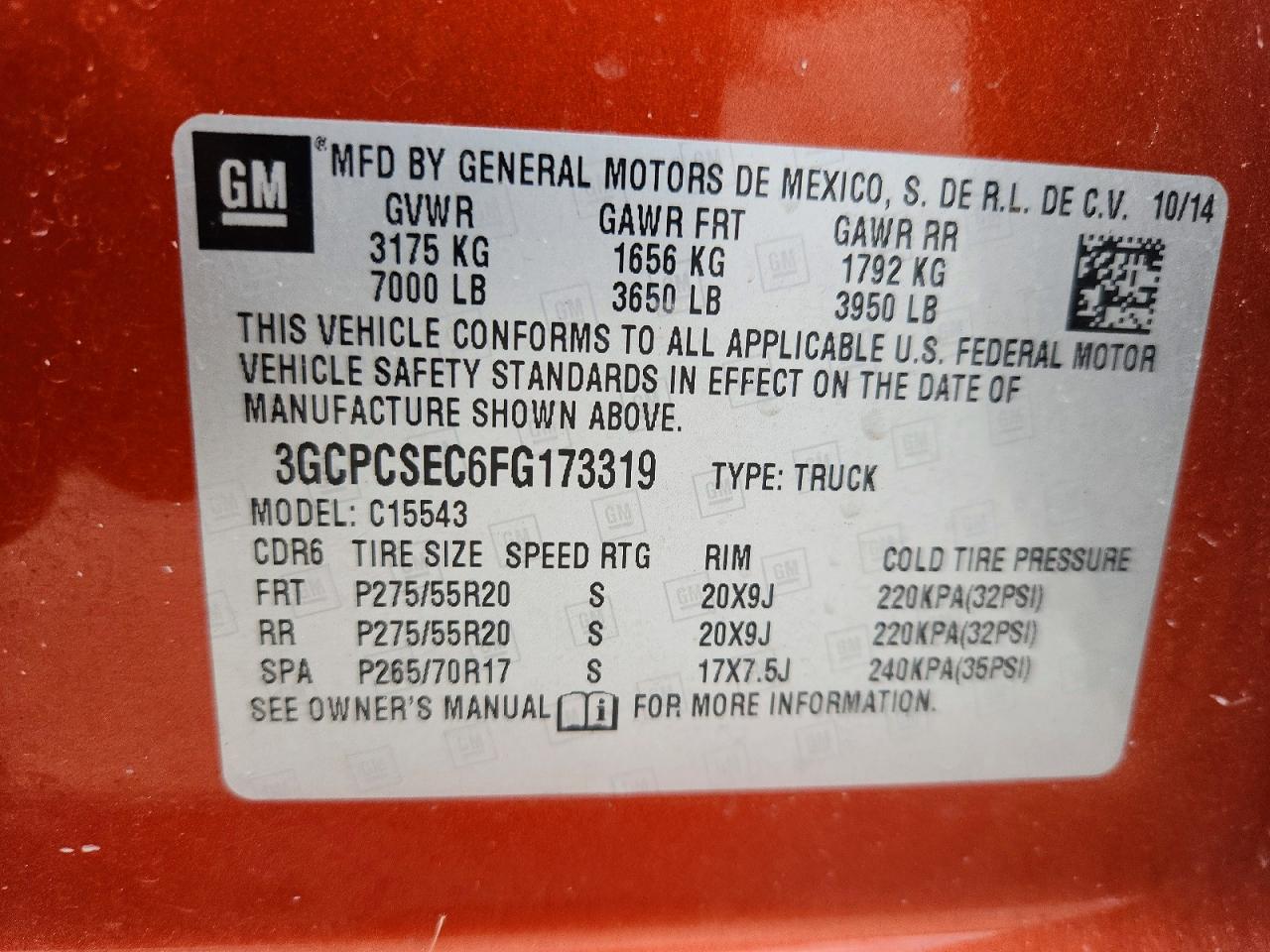 2015 Chevrolet Silverado C1500 Ltz Orange vin: 3GCPCSEC6FG173319