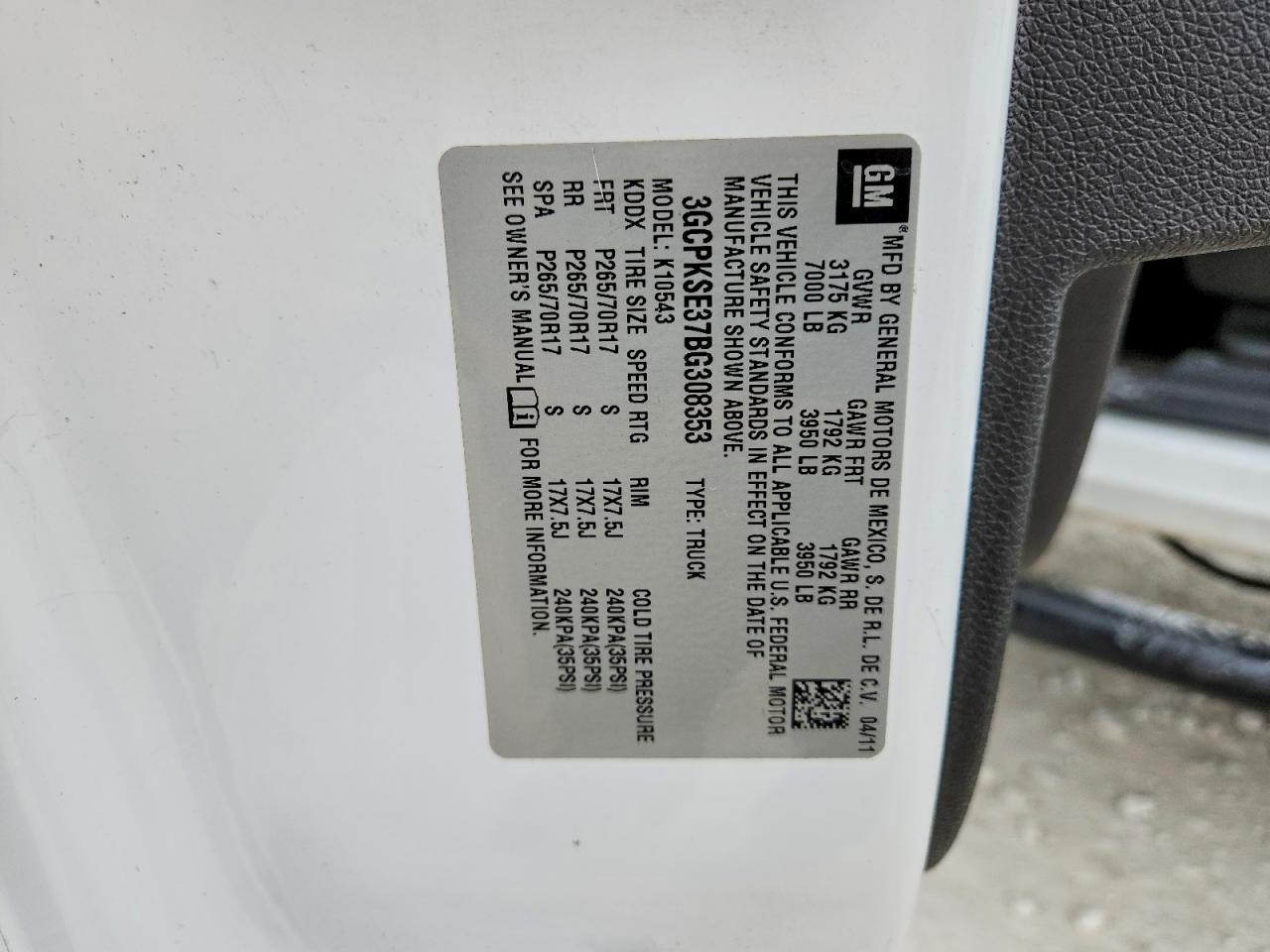 2011 Chevrolet Silverado K1500 Lt White vin: 3GCPKSE37BG308353