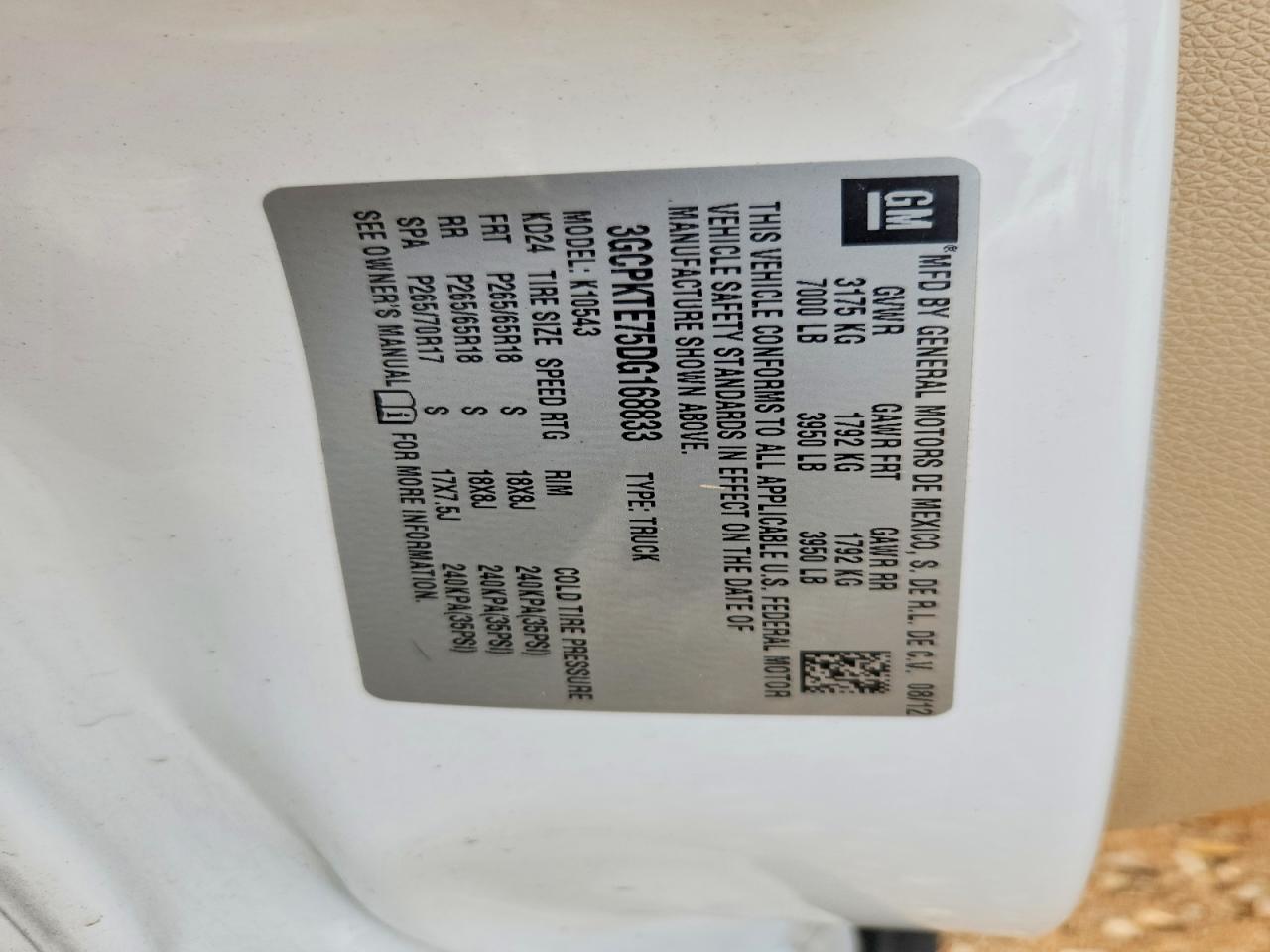 2013 Chev Other White vin: 3GCPKTE75DG168833