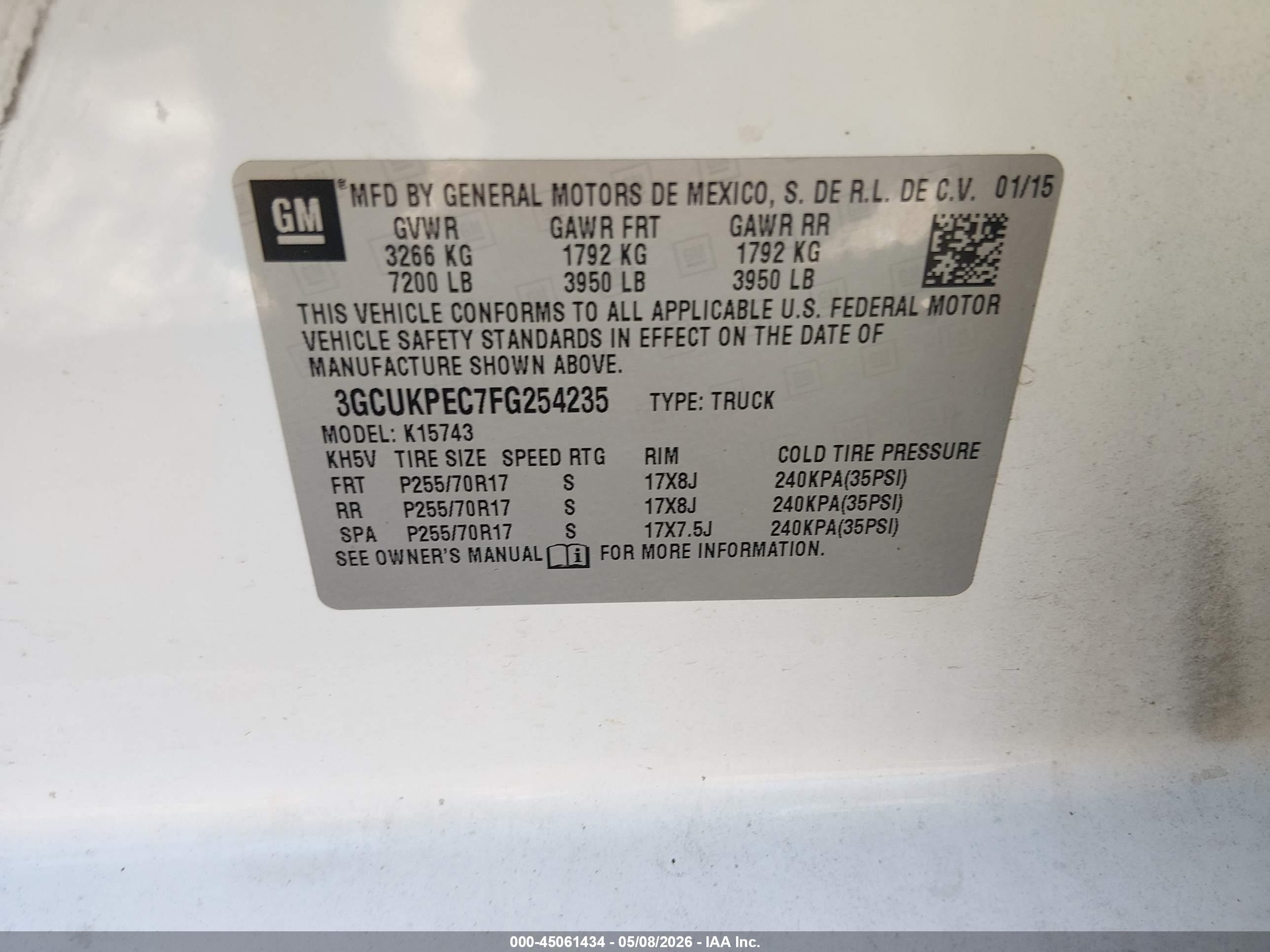 2015 Chevrolet Silverado 1500 Wt White vin: 3GCUKPEC7FG254235