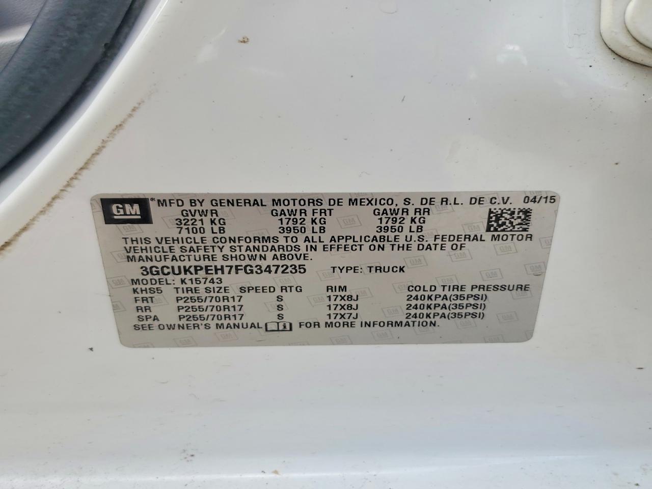 2015 Chevrolet Silverado K1500 White vin: 3GCUKPEH7FG347235