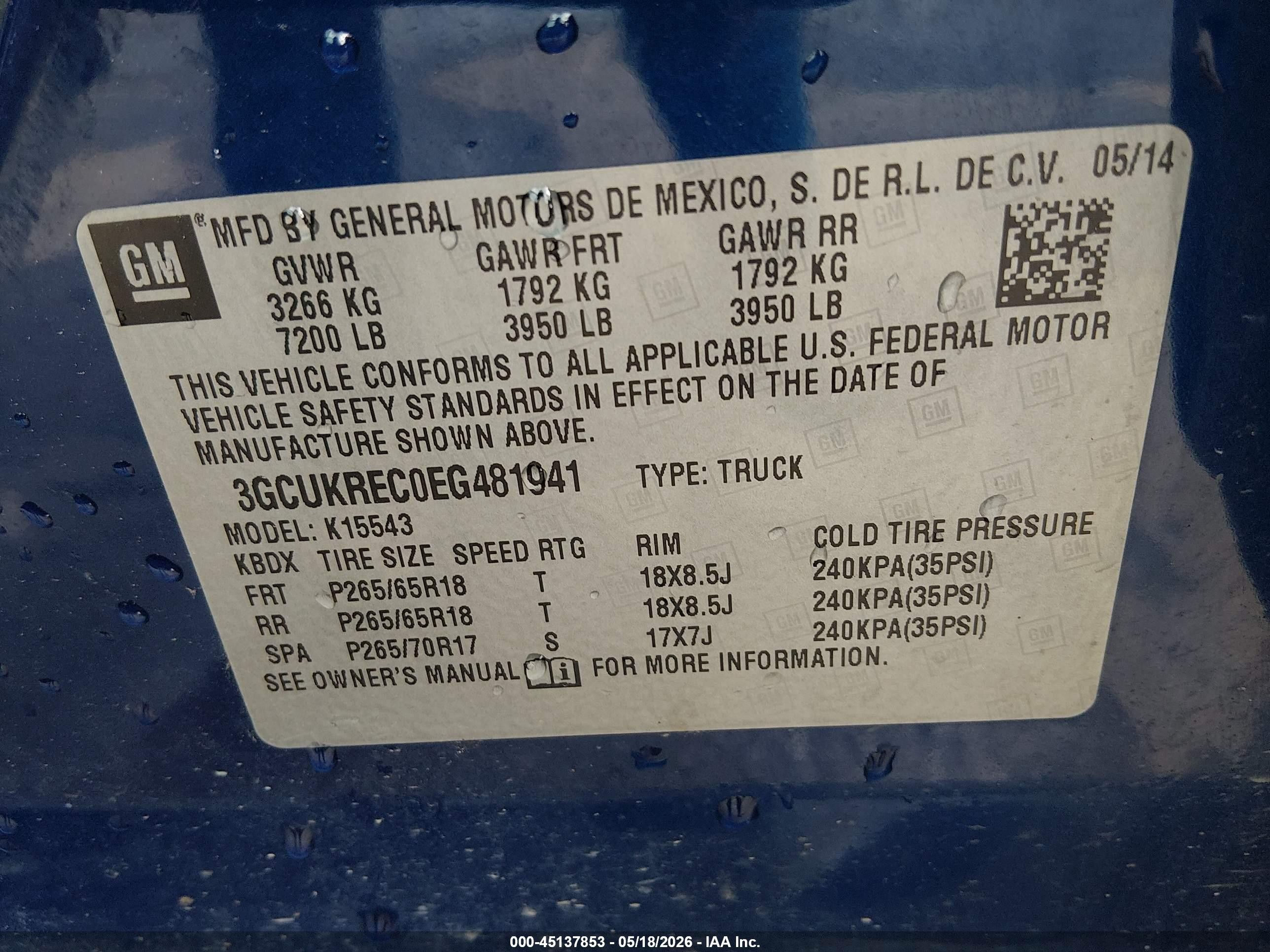 2014 Chevrolet Silverado 1500 1lt Blue vin: 3GCUKREC0EG481941