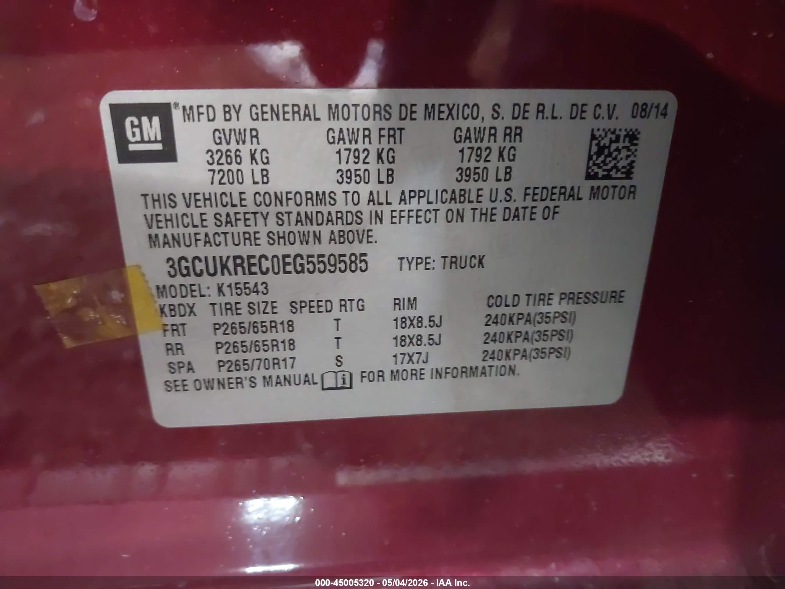 2014 Chevrolet Silverado 1500 2lt Burgundy vin: 3GCUKREC0EG559585