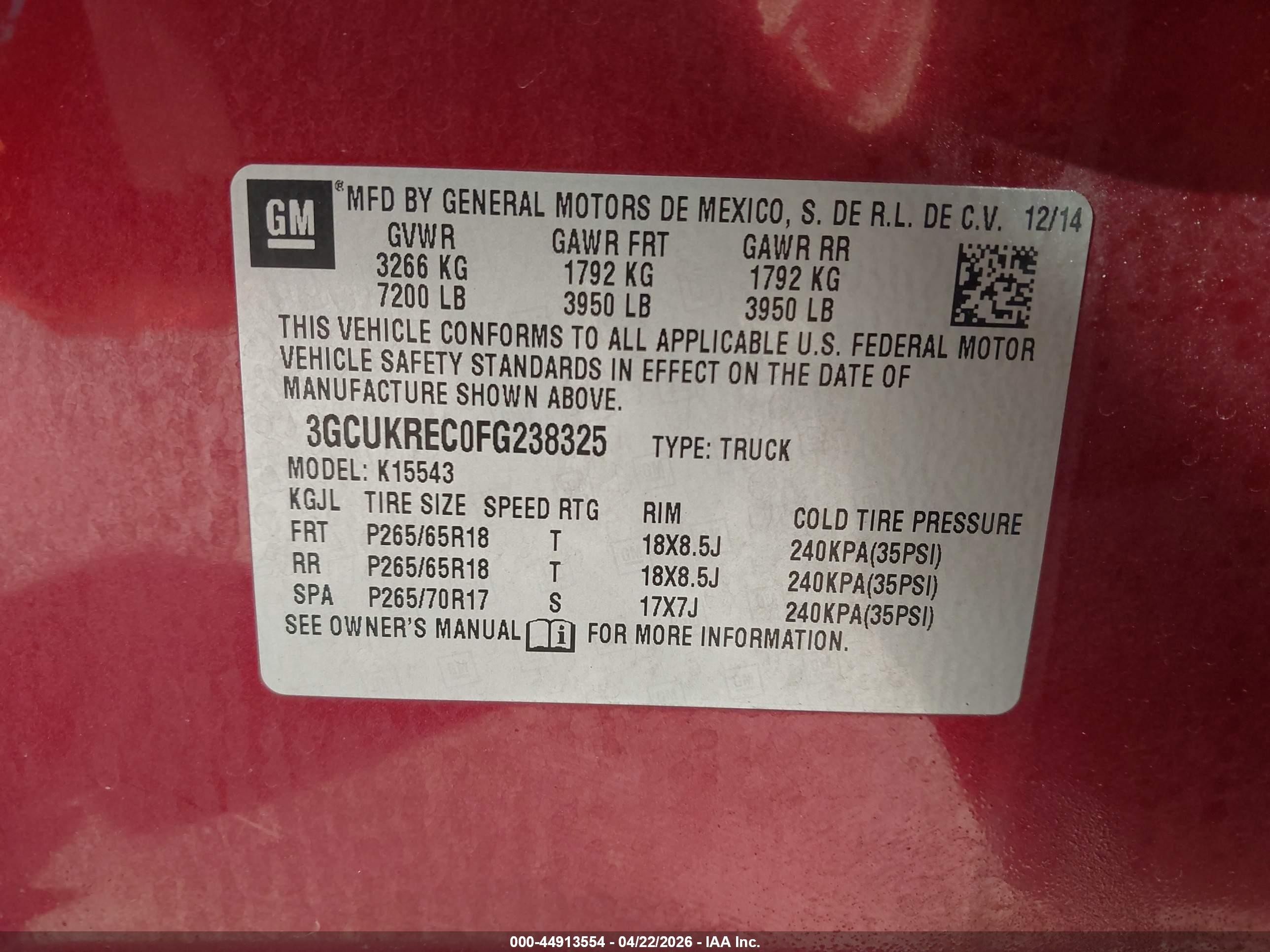 2015 Chevrolet Silverado 1500 2lt Red vin: 3GCUKREC0FG238325