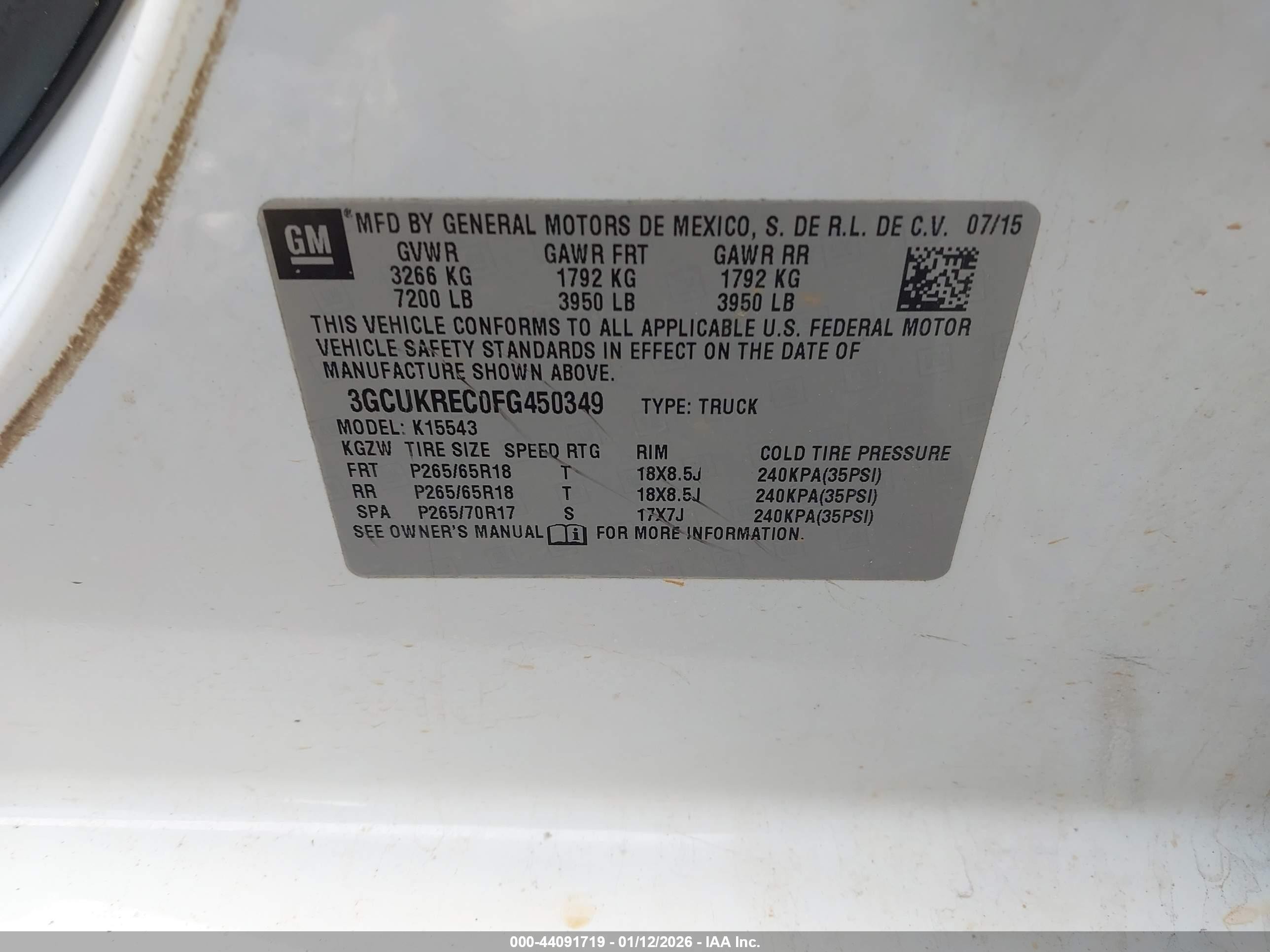 2015 Chevrolet Silverado 1500 1lt Белый vin: 3GCUKREC0FG450349
