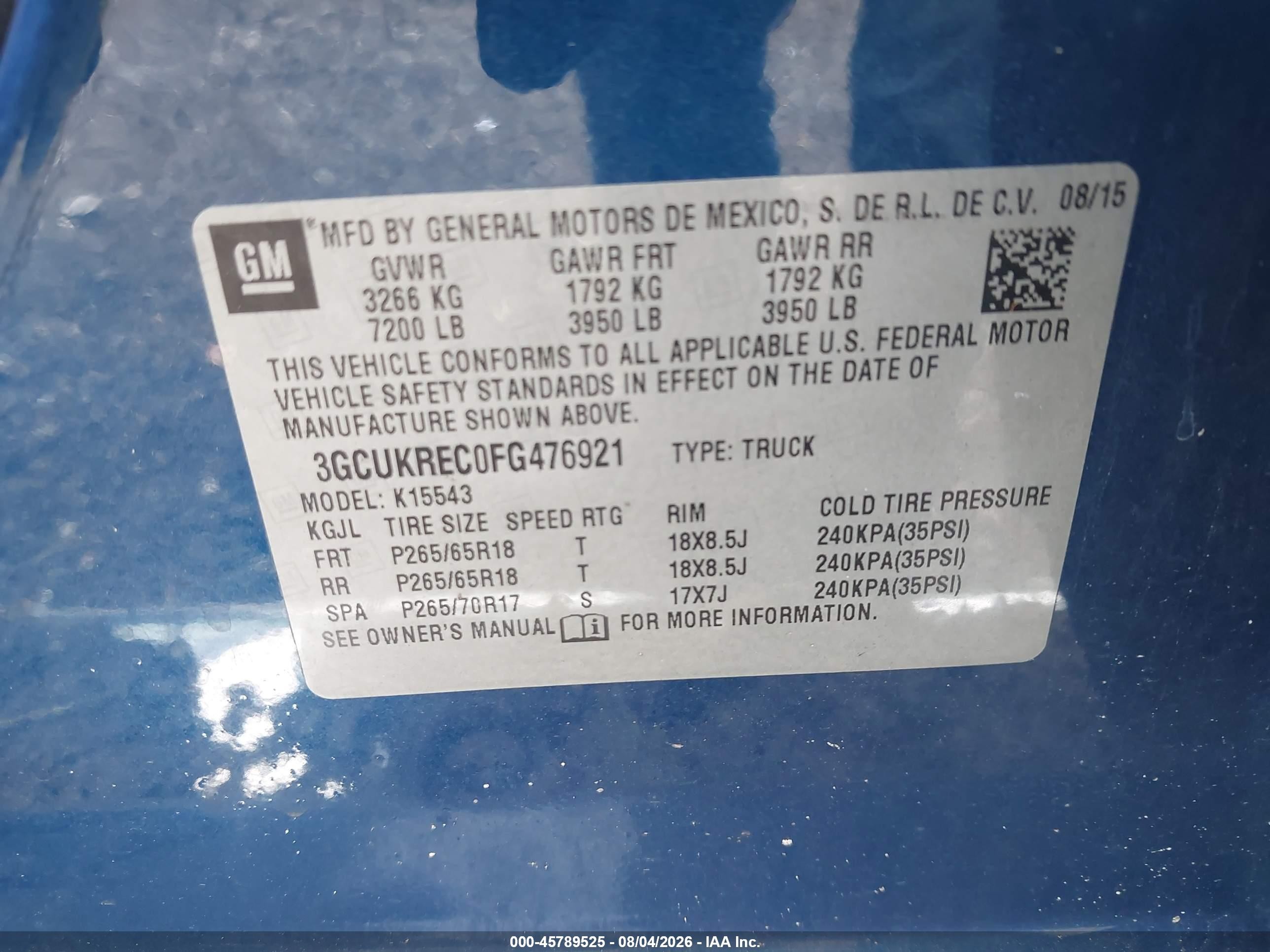 2015 Chevrolet Silverado 1500 2lt Синий vin: 3GCUKREC0FG476921