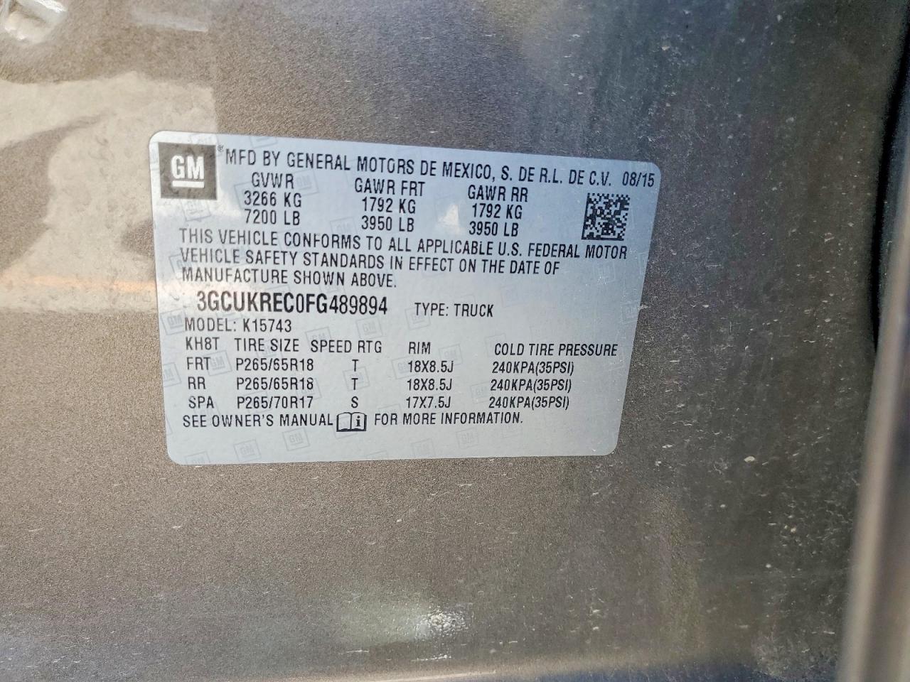 2015 Chevrolet Silverado K1500 Lt Gray vin: 3GCUKREC0FG489894