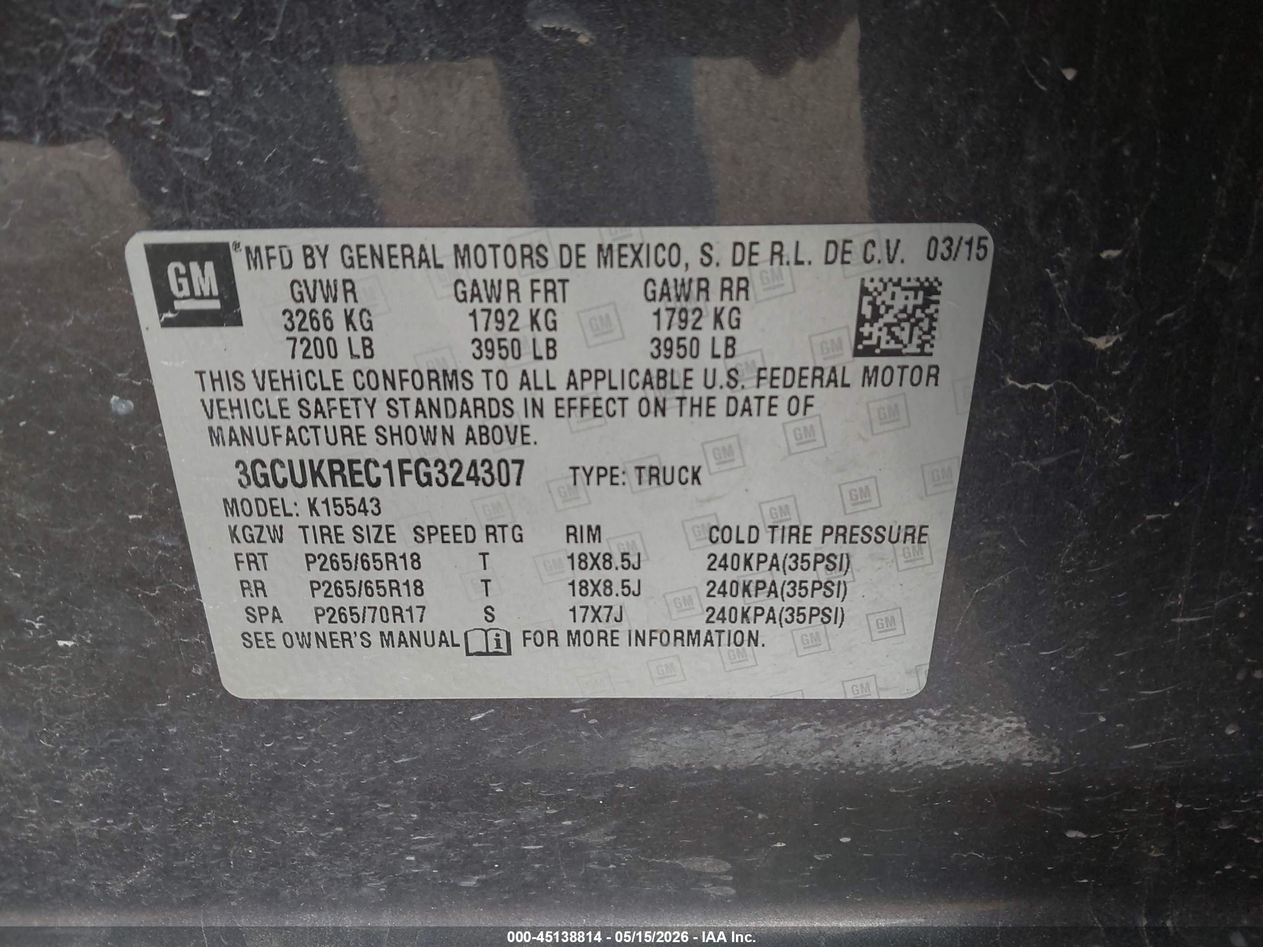 2015 Chevrolet Silverado 1500 1lt Gray vin: 3GCUKREC1FG324307