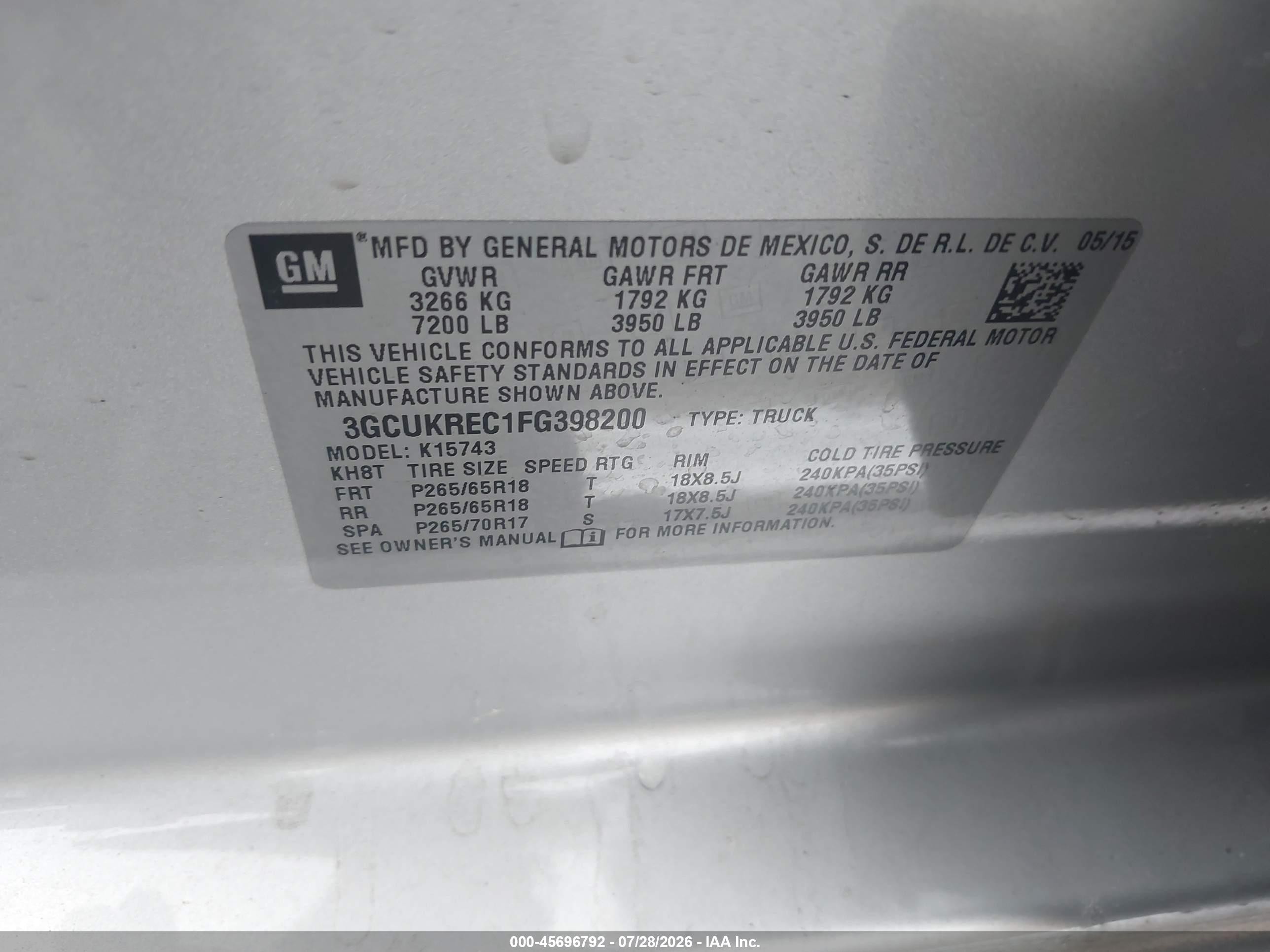 2015 Chevrolet Silverado 1500 Lt Gray vin: 3GCUKREC1FG398200