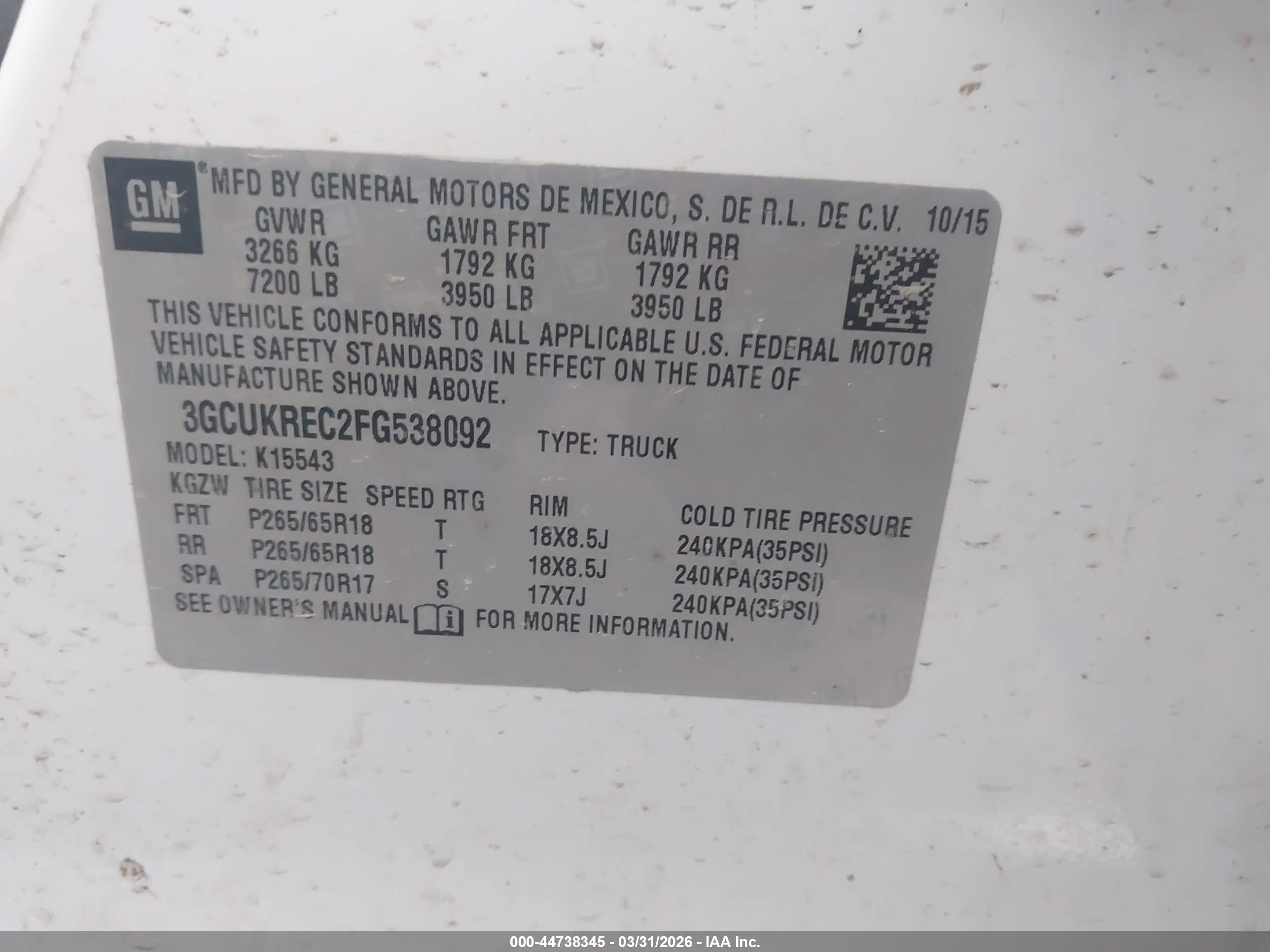 2015 Chevrolet Silverado 1500 1lt White vin: 3GCUKREC2FG538092