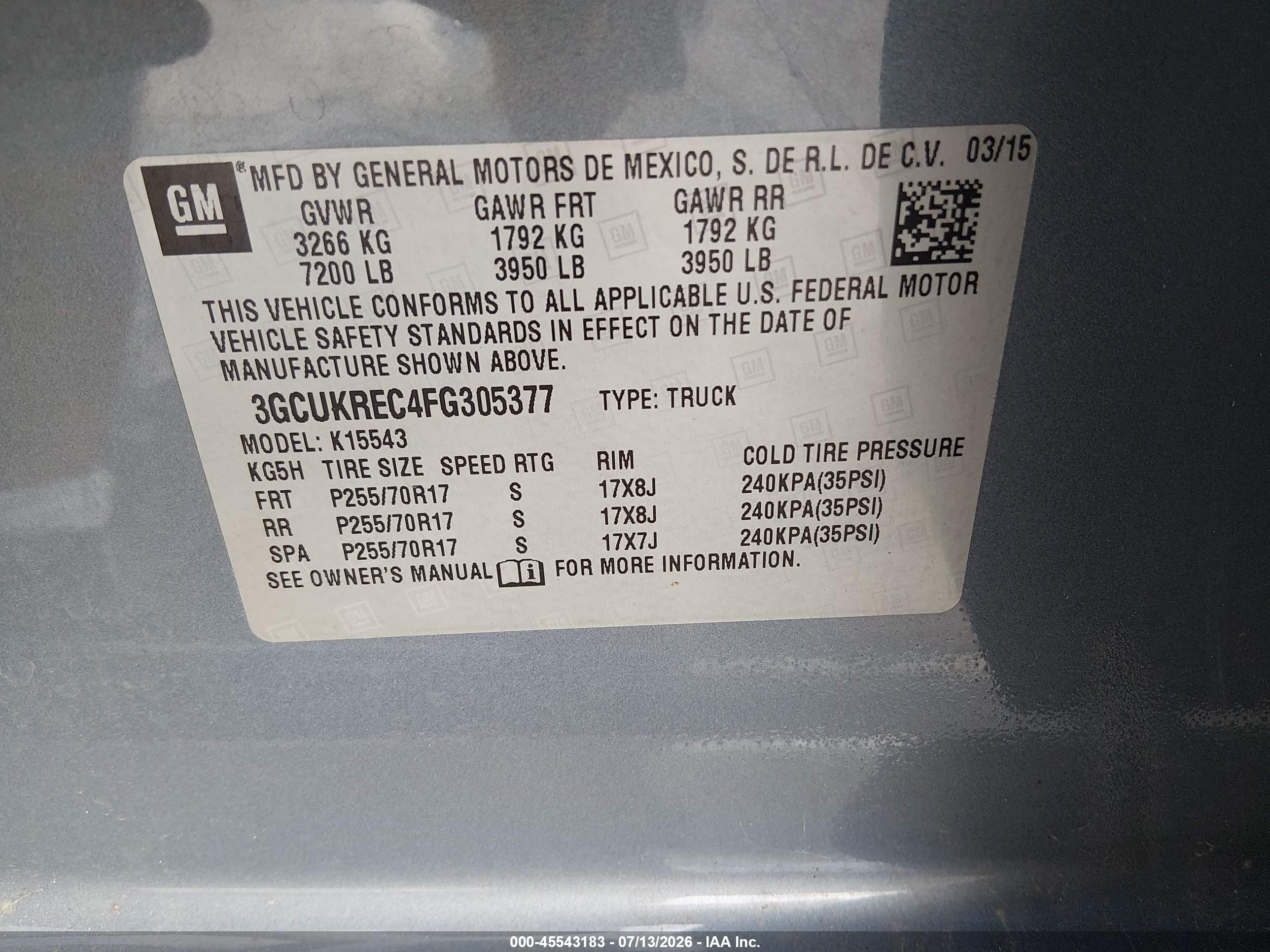 2015 Chevrolet Silverado 1500 Lt Blue vin: 3GCUKREC4FG305377