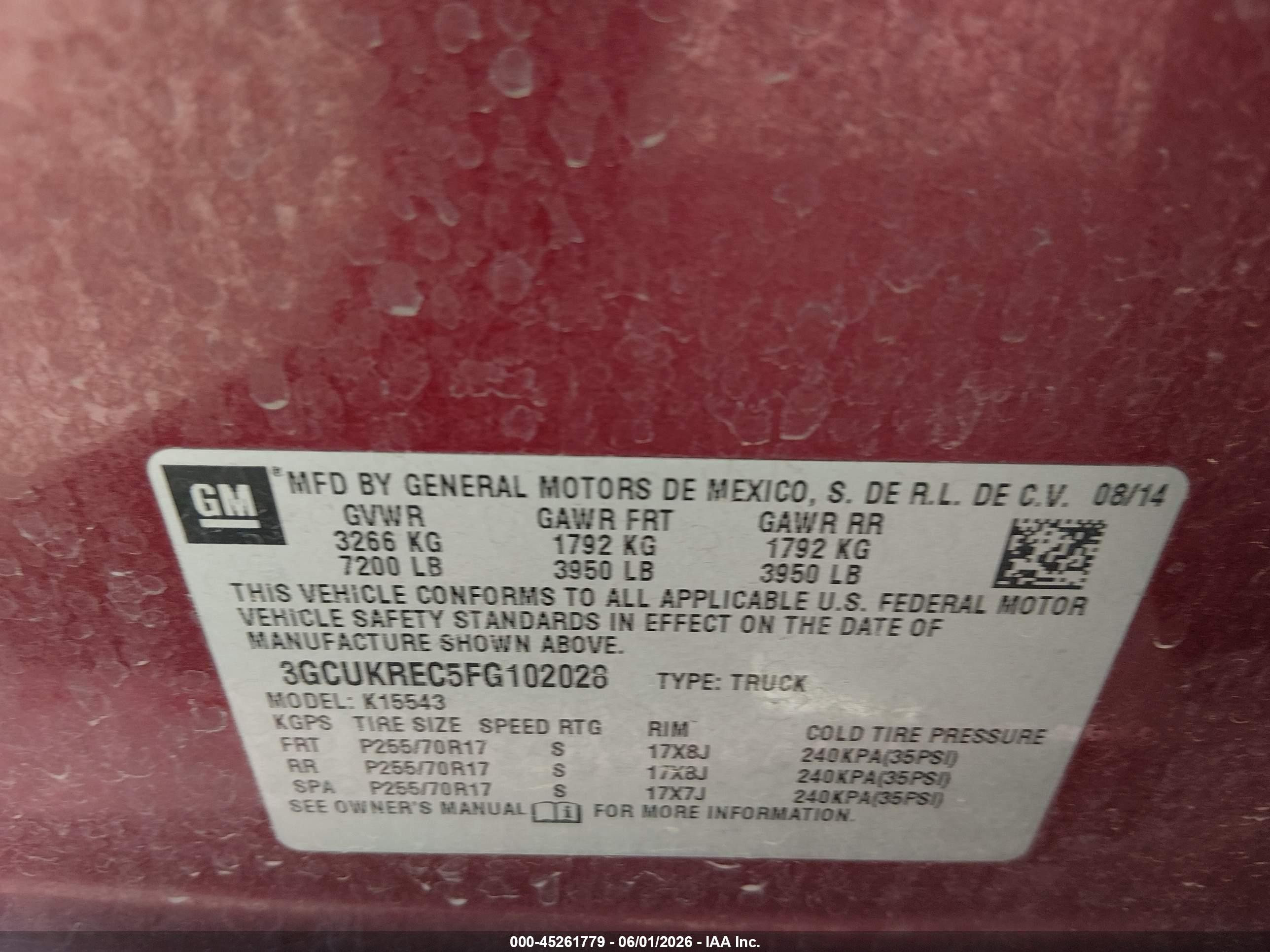 2015 Chevrolet Silverado 1500 1lt Maroon vin: 3GCUKREC5FG102028
