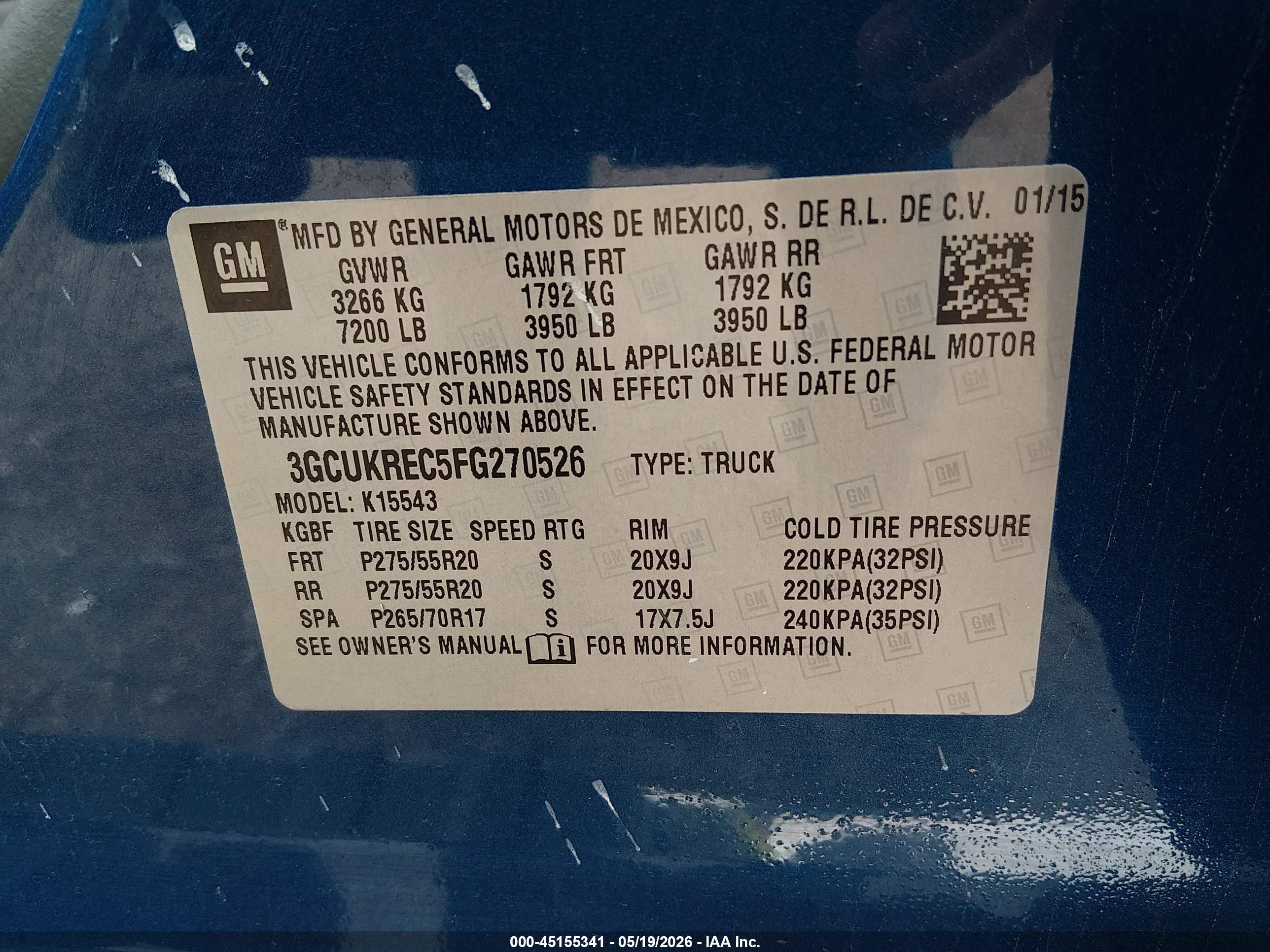 2015 Chevrolet Silverado 1500 1lt Blue vin: 3GCUKREC5FG270526