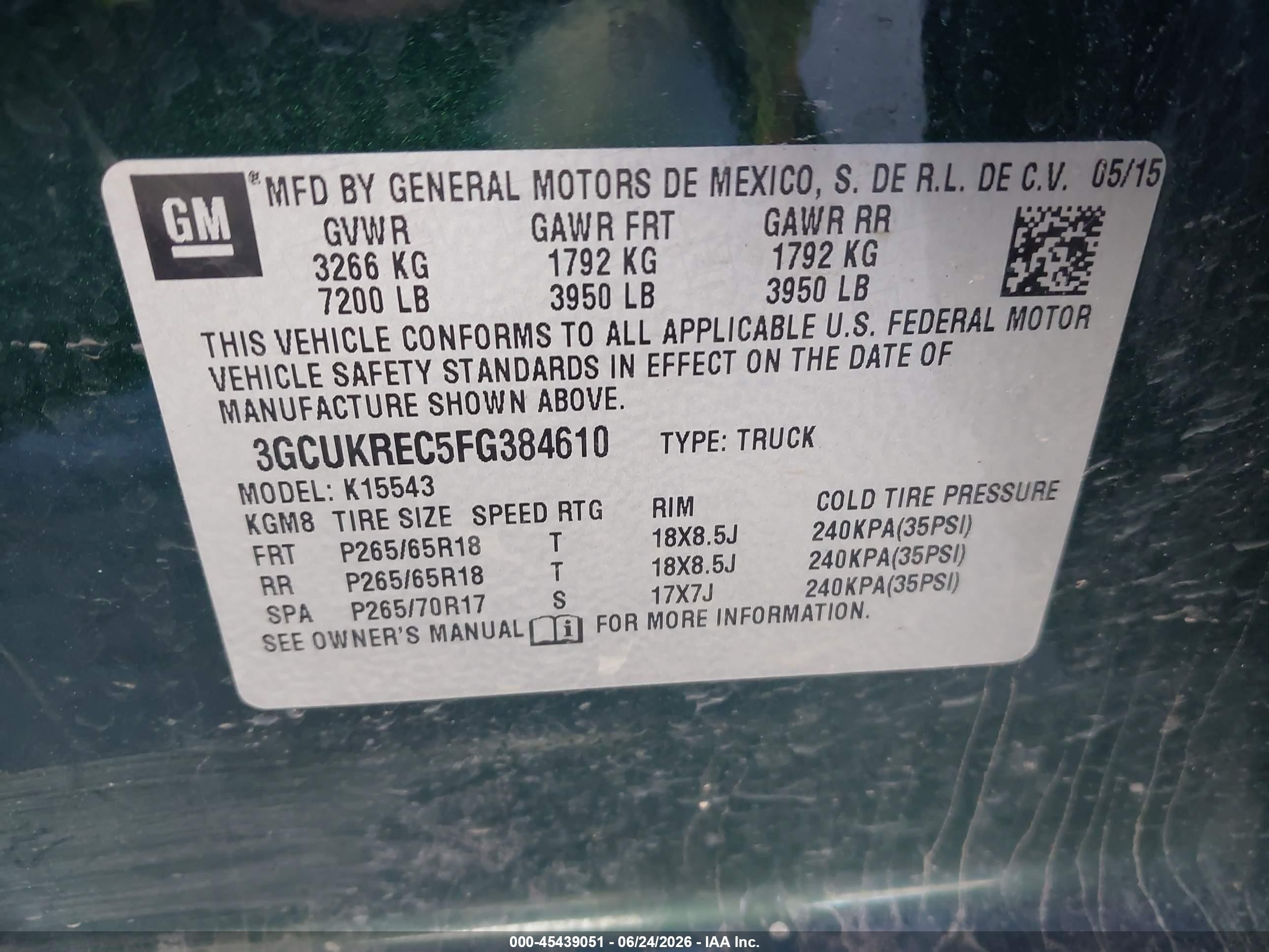 2015 Chevrolet Silverado 1500 Lt Green vin: 3GCUKREC5FG384610