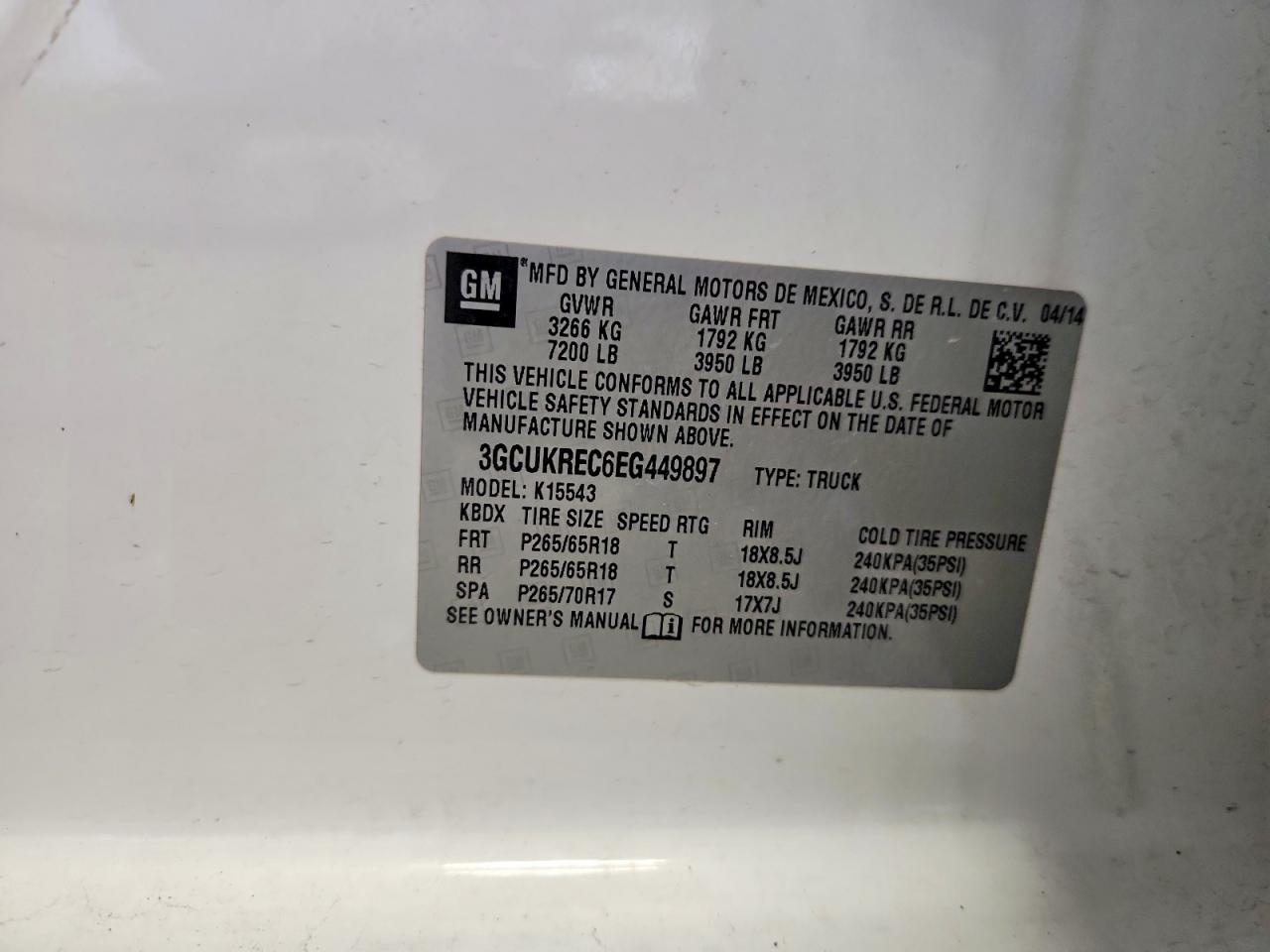 2014 Chevrolet 1500 White vin: 3GCUKREC6EG449897