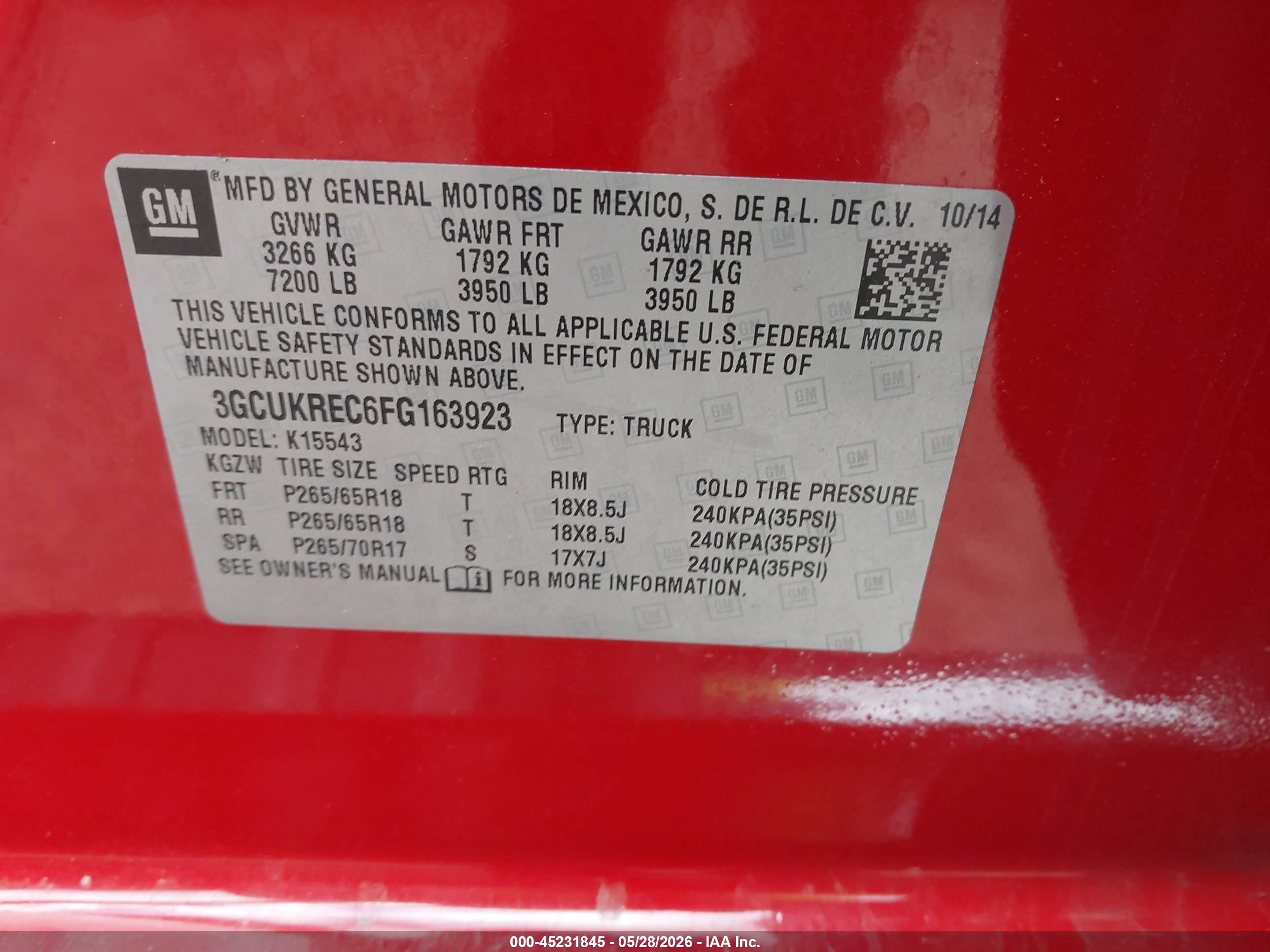 2015 Chevrolet Silverado 1500 1lt Red vin: 3GCUKREC6FG163923