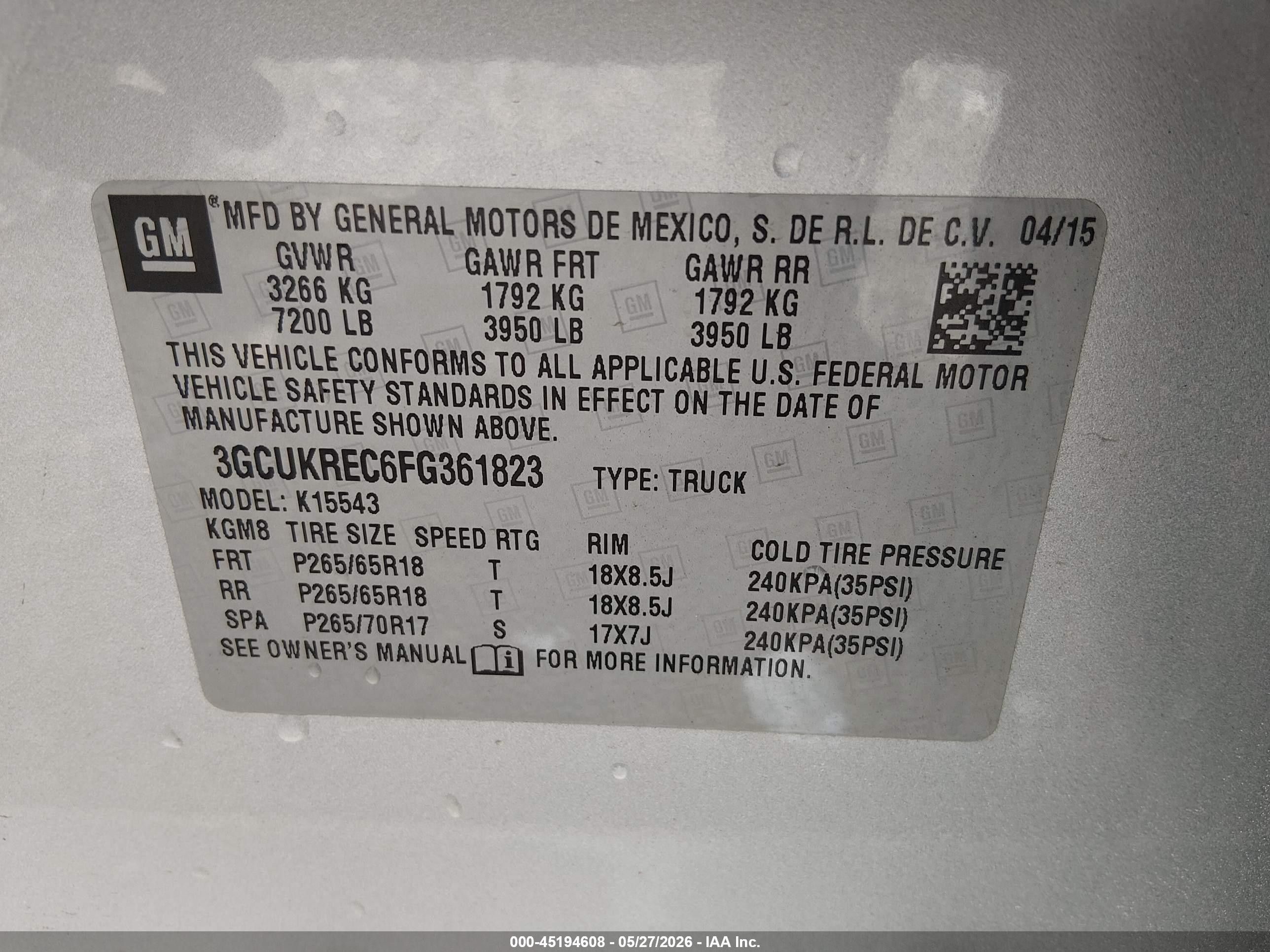 2015 Chevrolet Silverado 1500 1lt Gray vin: 3GCUKREC6FG361823