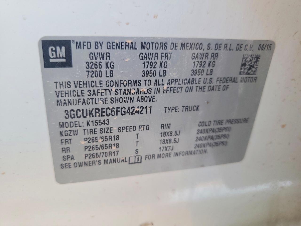 2015 Chevrolet 1500 White vin: 3GCUKREC6FG424211