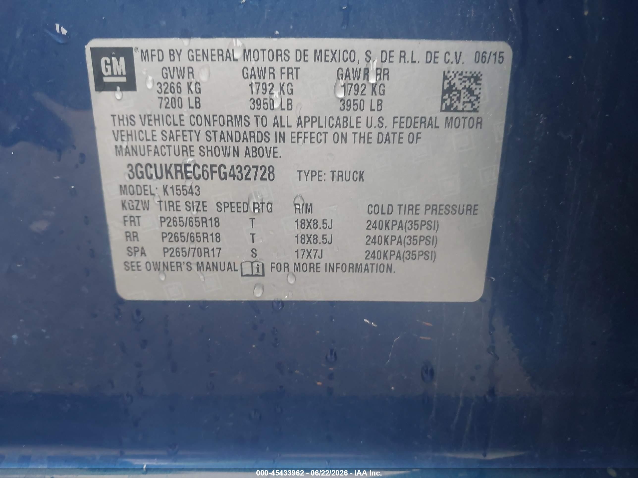 2015 Chevrolet Silverado 1500 2lt Blue vin: 3GCUKREC6FG432728