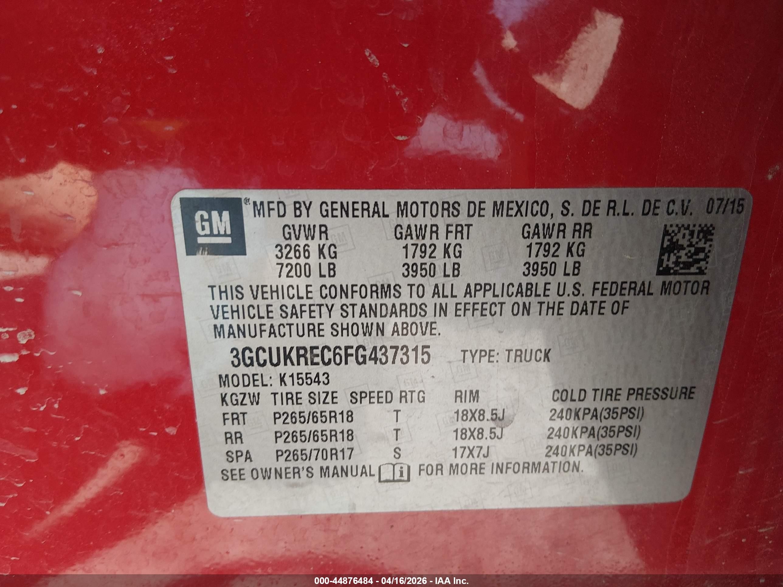 2015 Chevrolet Silverado 1500 2lt Красный vin: 3GCUKREC6FG437315