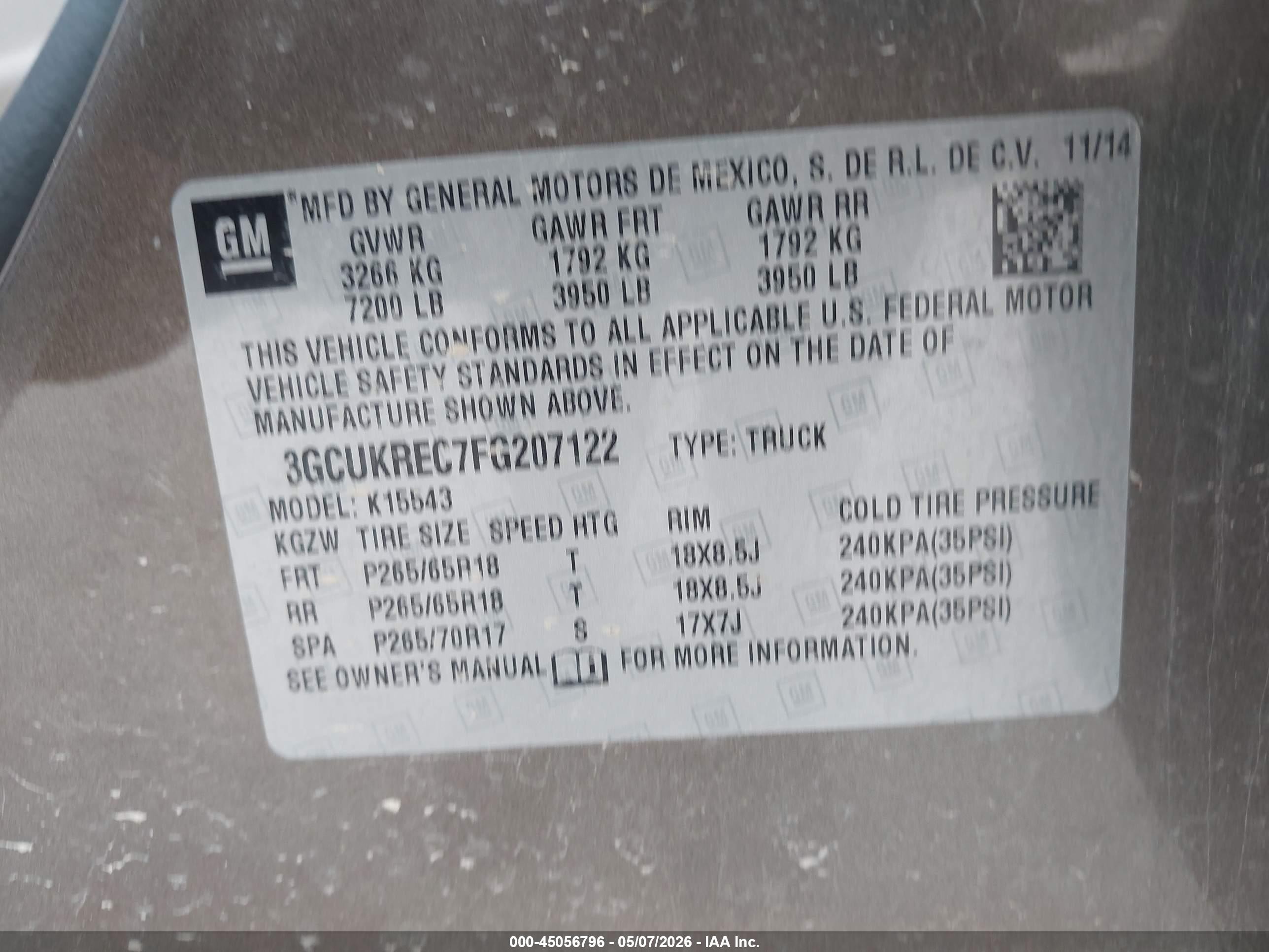 2015 Chevrolet Silverado 1500 2lt Коричневый vin: 3GCUKREC7FG207122