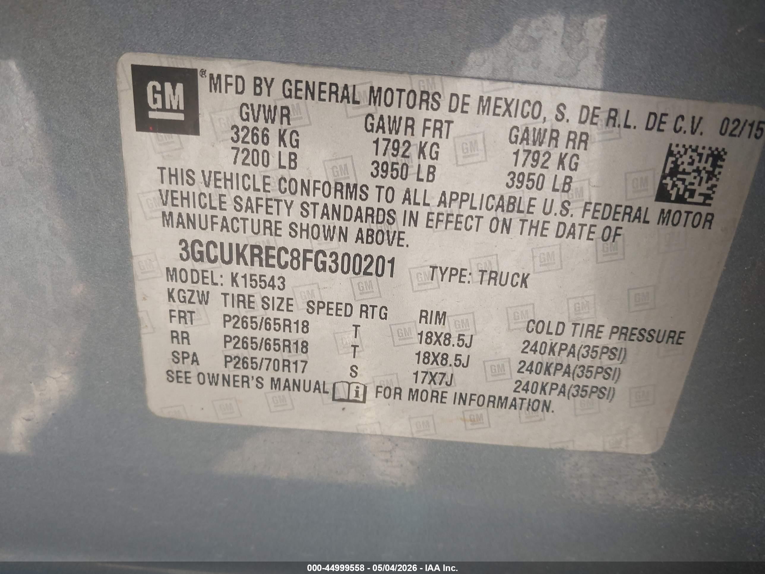 2015 Chevrolet Silverado 1500 2lt Light Blue vin: 3GCUKREC8FG300201