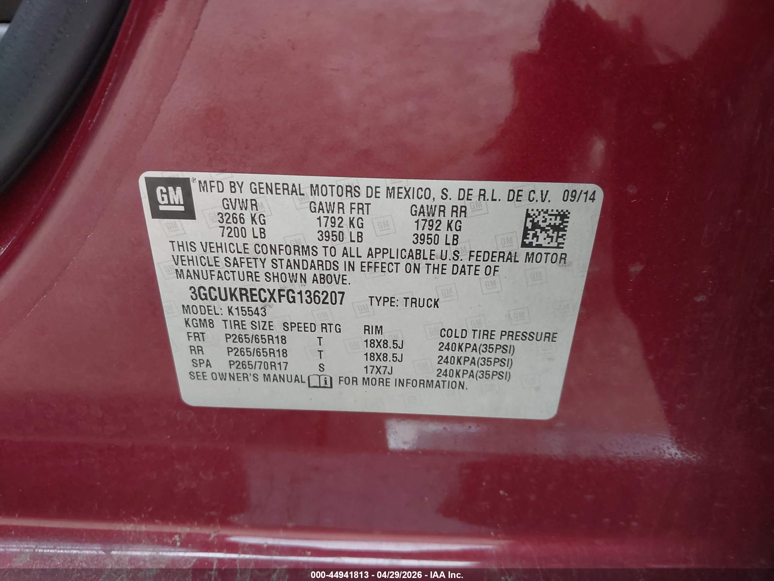 2015 Chevrolet Silverado 1500 2lt Burgundy vin: 3GCUKRECXFG136207