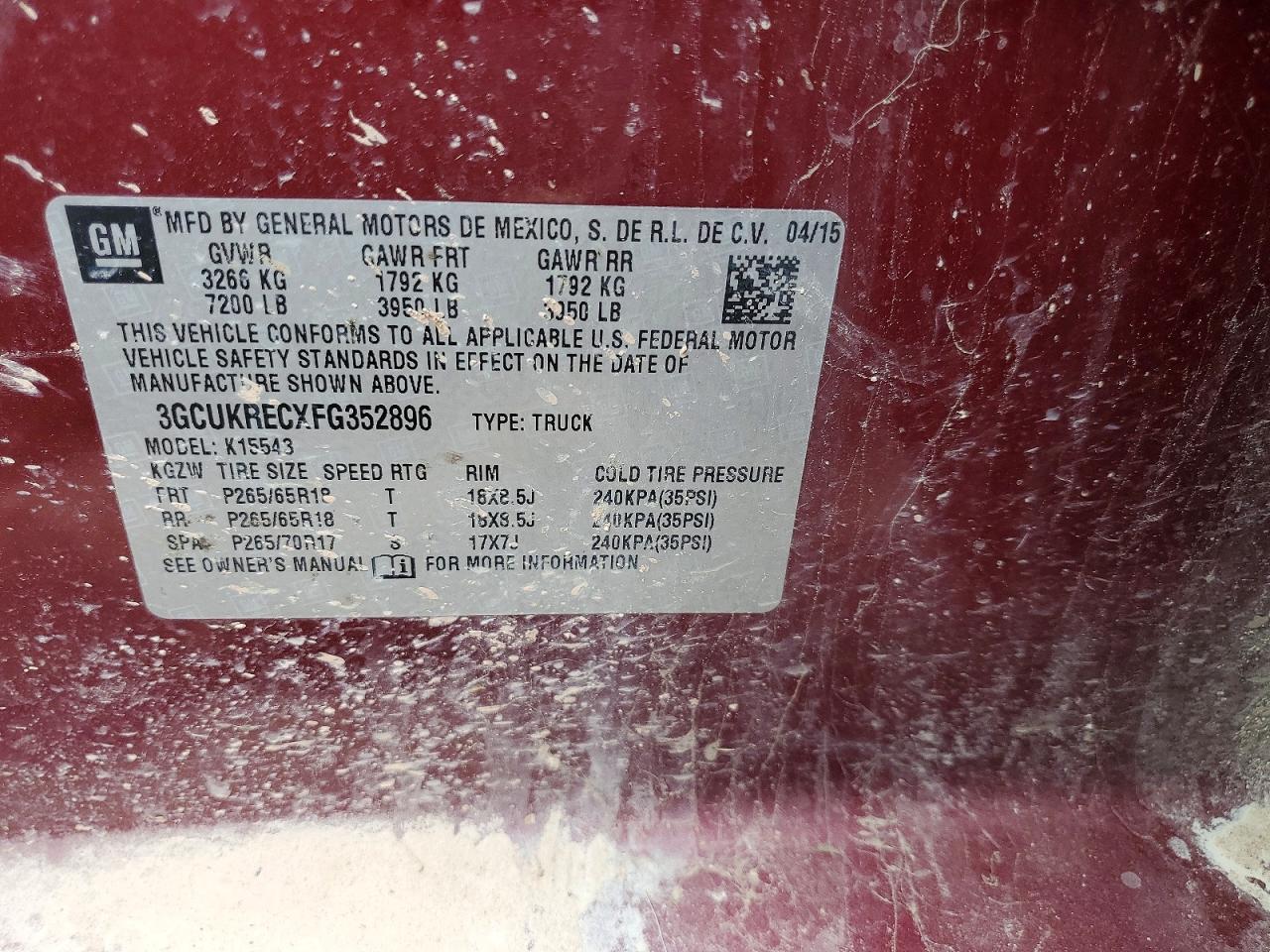 2015 Chevrolet Silverado K1500 Lt Red vin: 3GCUKRECXFG352896