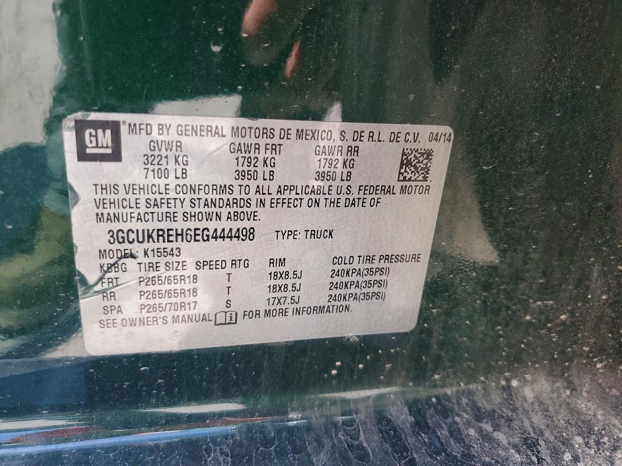 2014 Chevrolet Silverado K1500 Lt Green vin: 3GCUKREH6EG444498