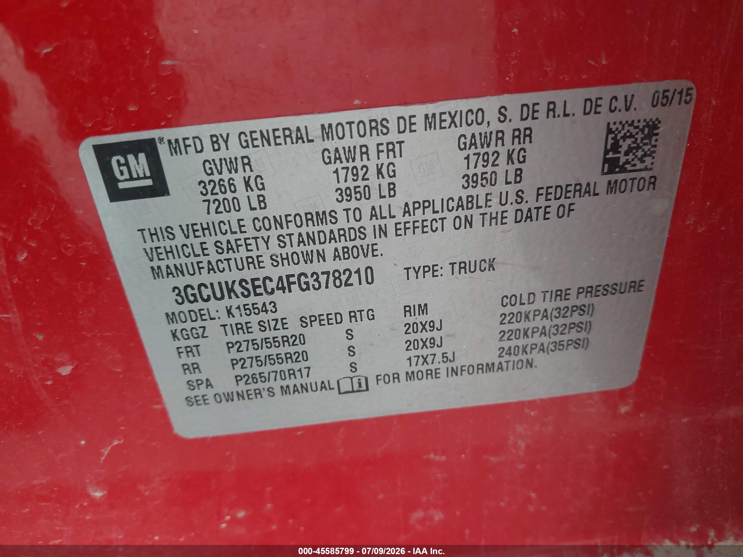 2015 Chevrolet Silverado 1500 1lz Red vin: 3GCUKSEC4FG378210