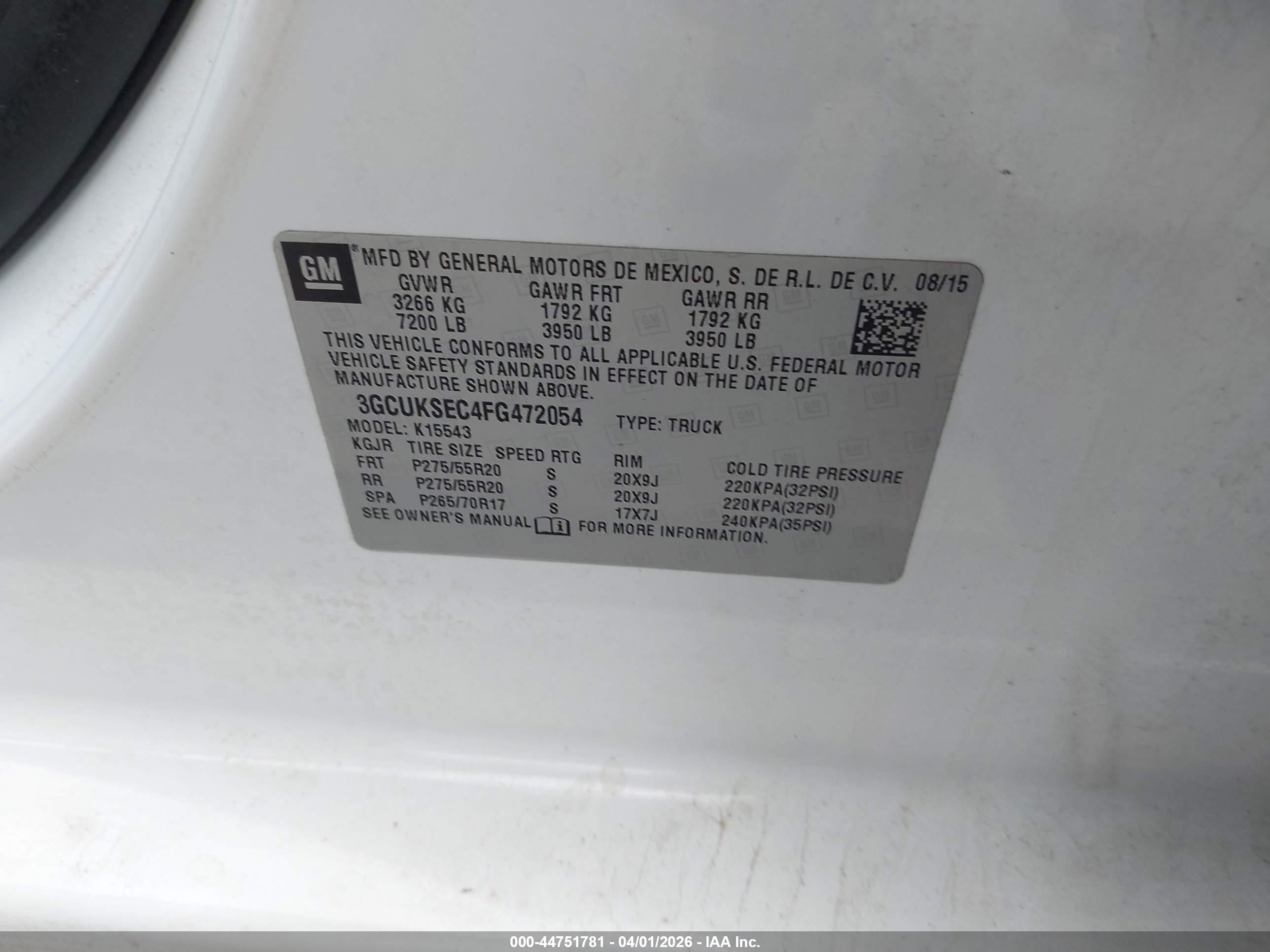 2015 Chevrolet Silverado 1500 2lz Белый vin: 3GCUKSEC4FG472054