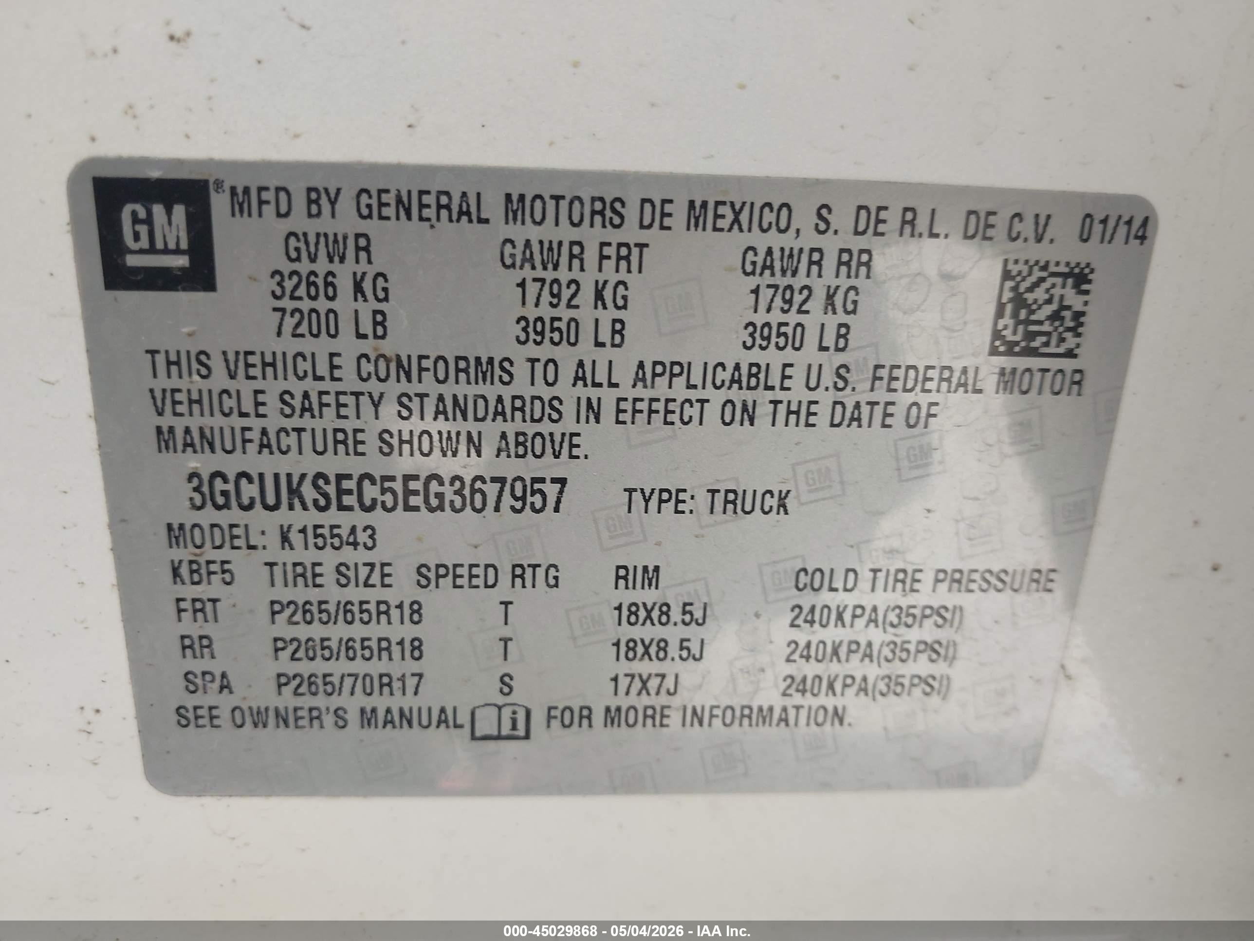 2014 Chevrolet Silverado 1500 2lz Белый vin: 3GCUKSEC5EG367957