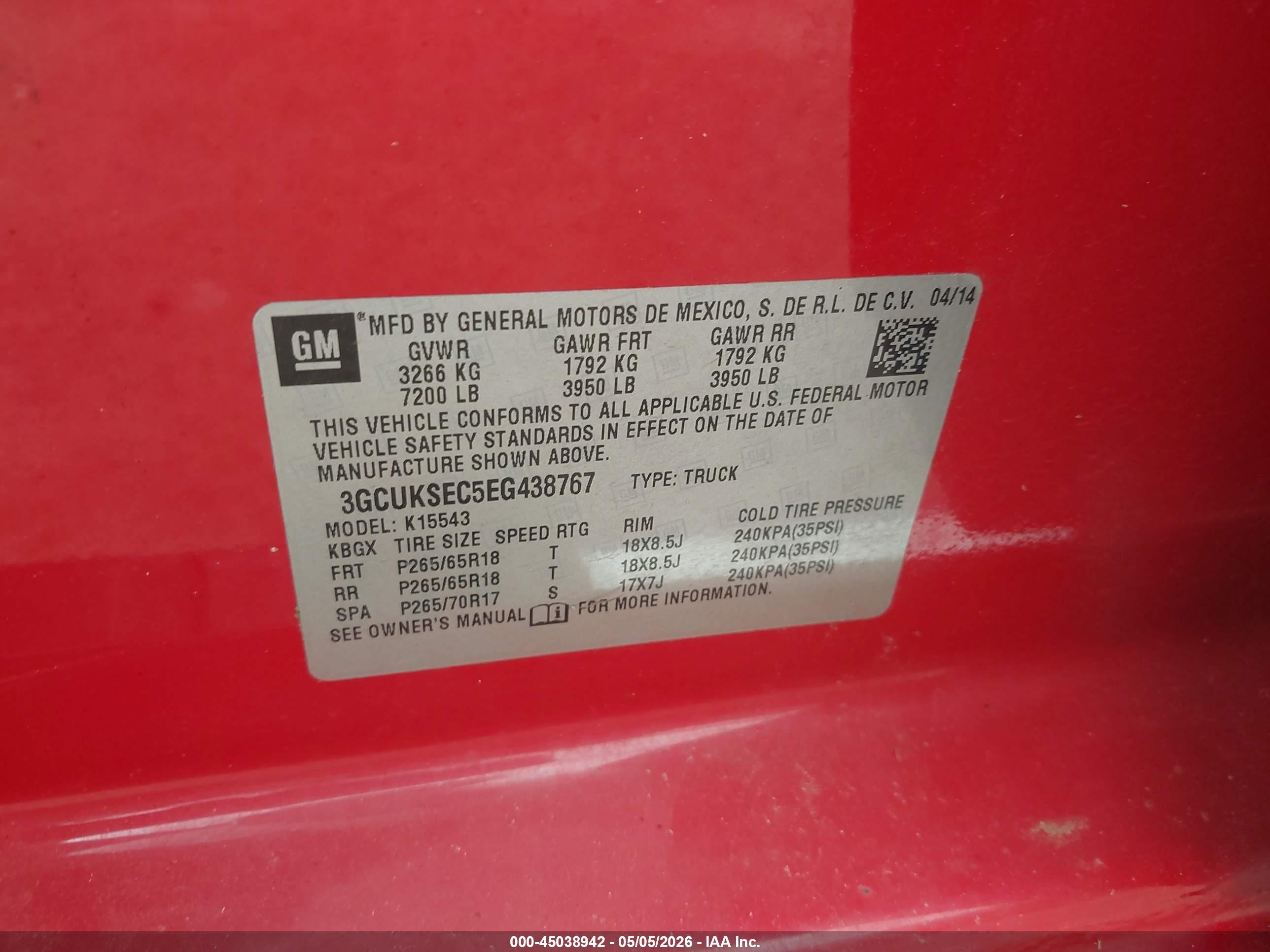 2014 Chevrolet Silverado 1500 2lz Red vin: 3GCUKSEC5EG438767