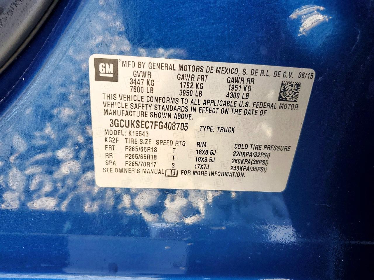 2015 Chevrolet Silverado K1500 Ltz Blue vin: 3GCUKSEC7FG408705