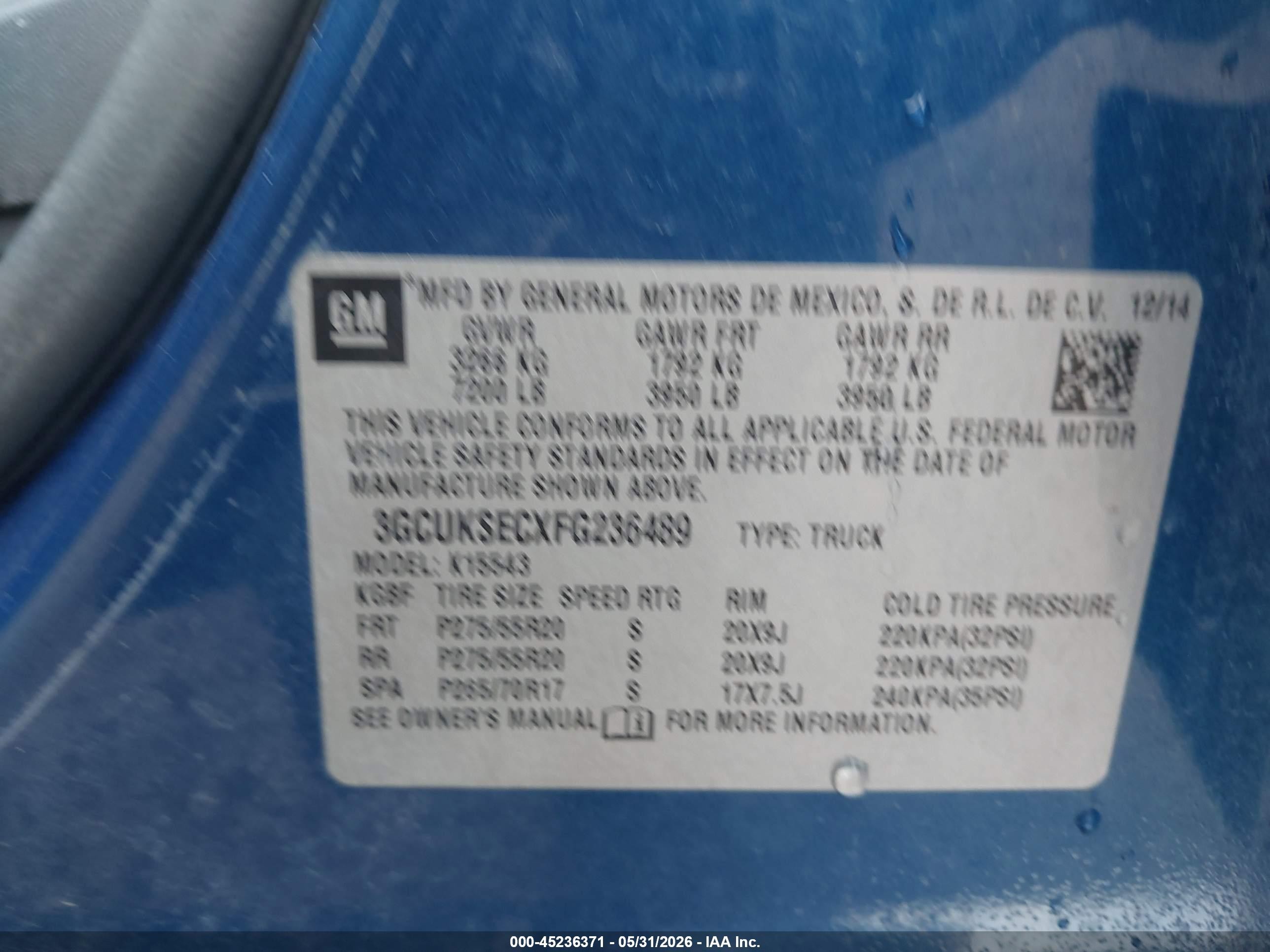 2015 Chevrolet Silverado 1500 1lz Blue vin: 3GCUKSECXFG236489