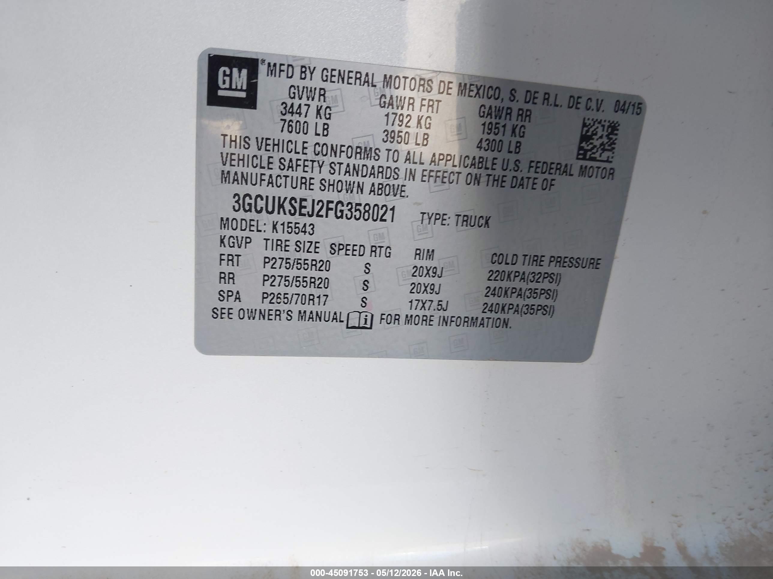 2015 Chevrolet Silverado 1500 1lz White vin: 3GCUKSEJ2FG358021