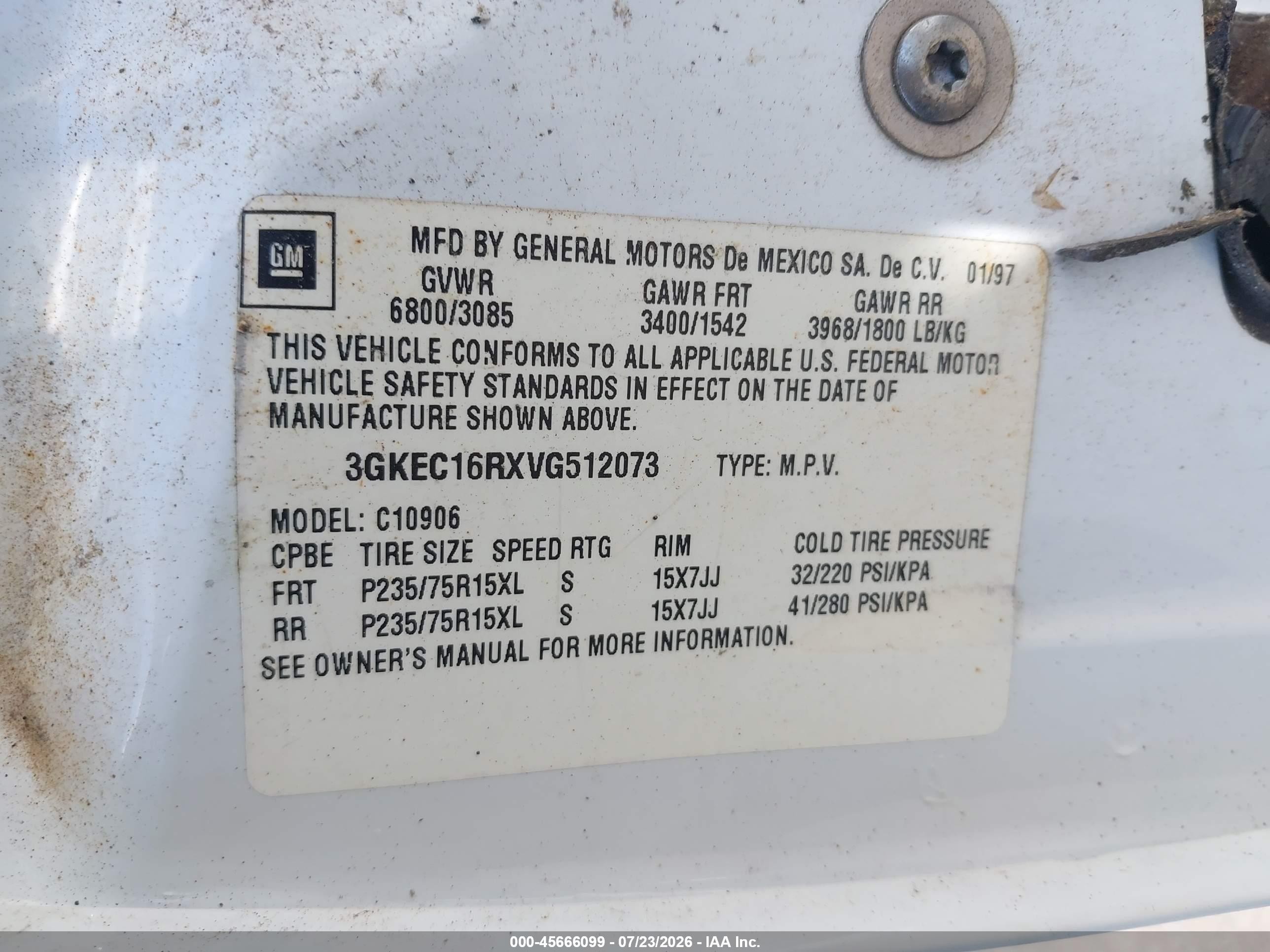 1997 Gmc Suburban Slt Cmi (not Available) White vin: 3GKEC16RXVG512073
