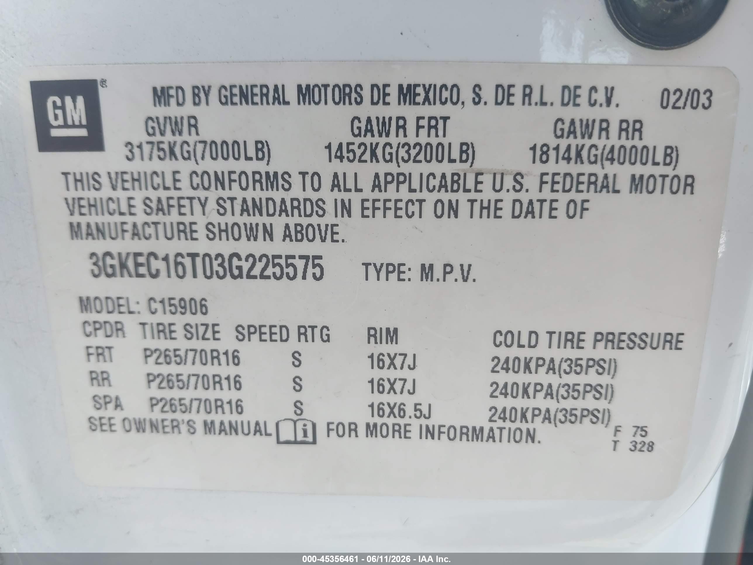2003 Gmc Yukon Xl 1500 Sle White vin: 3GKEC16T03G225575